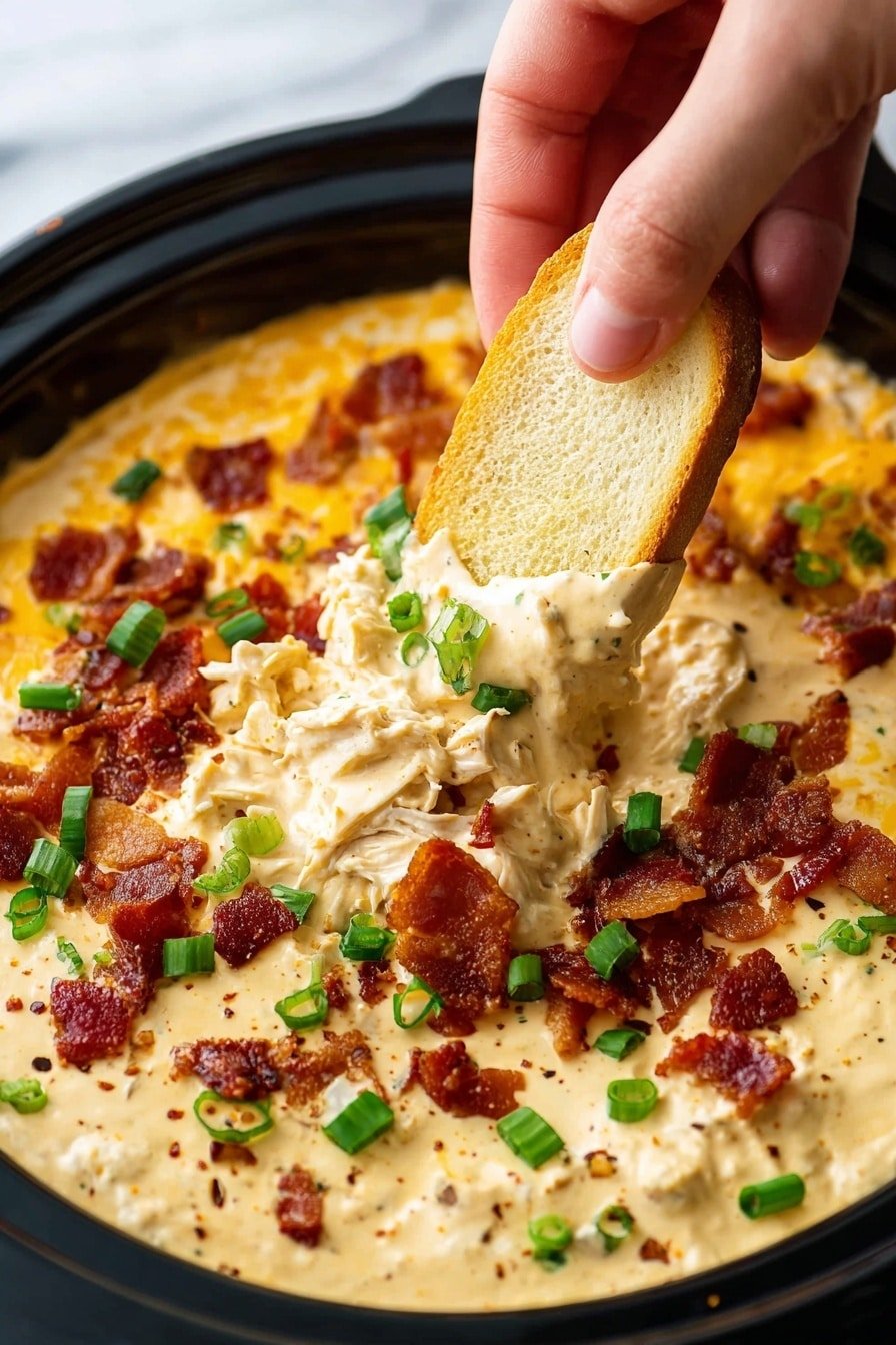 A creamy, thick yellow cheese dip layered in a black bowl forms the base, topped with scattered red-brown crispy bacon pieces and bright green chopped scallions. A woman's hand is seen dipping a light tan, oval-shaped crisp toast into the dip, with the dip coating the toast showing bits of bacon and scallion stuck to it. Two more pieces of oval toast rest inside the dip, partially submerged near the edge of the bowl. The background is a white marbled texture. photo taken with an iphone --ar 2:3 --v 7