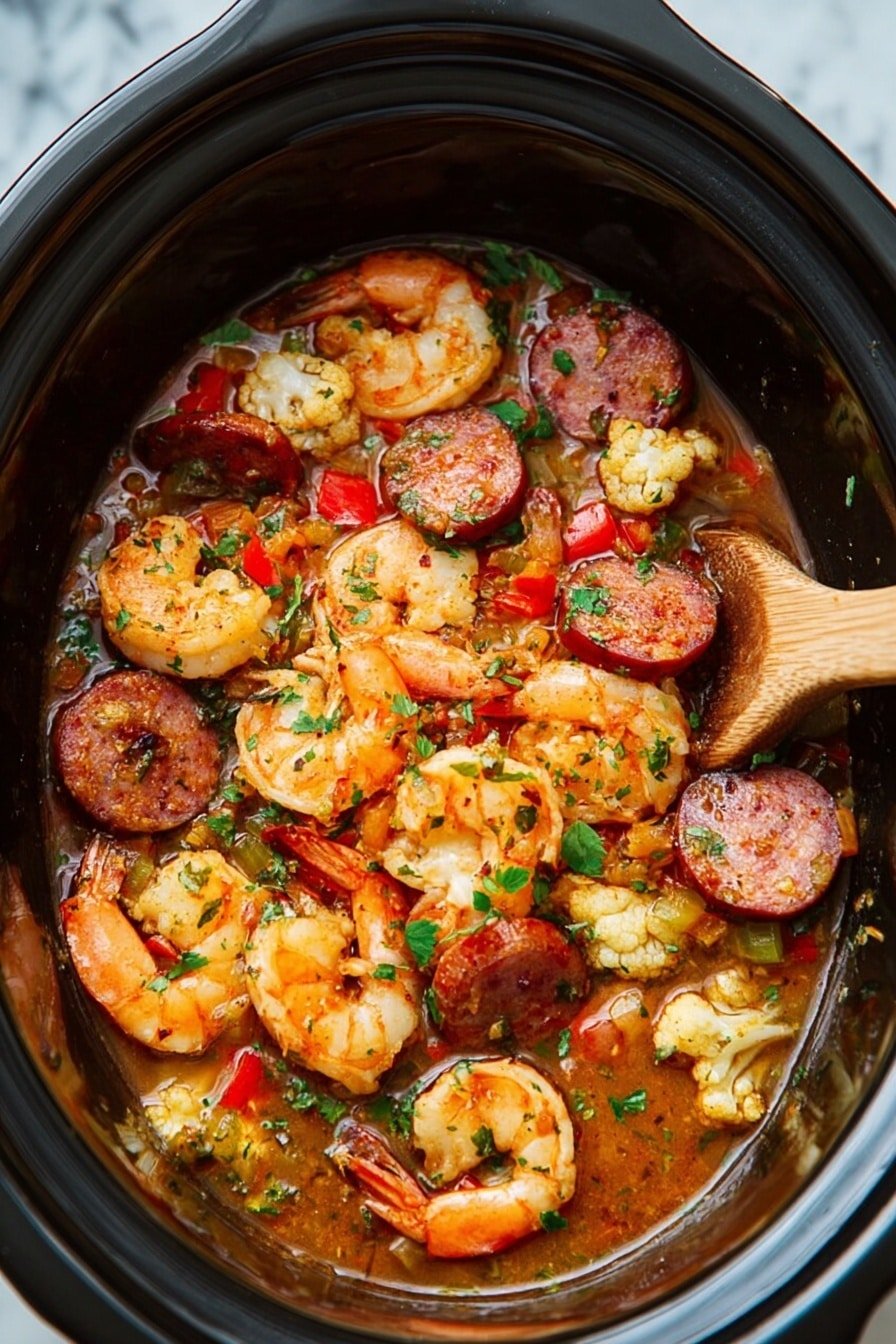 This image shows a black slow cooker filled with a dish made of large orange shrimp, slices of browned sausage, and small pieces of cauliflower in a brown sauce. The shrimp have their tails on and are scattered around the pot, mixed with round sausage slices that have a slightly crispy texture. The dish is sprinkled with green herbs and small bits of red and green peppers, giving it a colorful, fresh look. The sauce looks thick and rich, coating all the ingredients evenly. The background is a white marbled texture. Photo taken with an iphone --ar 2:3 --v 7