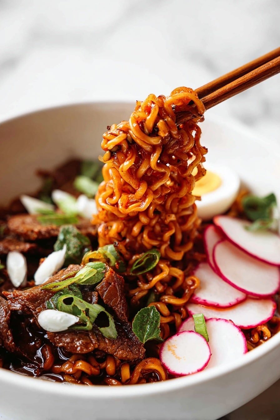 A large ornate white bowl holds three main layers: at the bottom, curly ramen noodles soaked in a rich dark red broth fill half the bowl; on top of the noodles is a layer of shredded dark brown meat in sauce on the left side; thin, round, pale pink radish slices are layered in the center; two halves of a soft-boiled egg with bright golden yolks are at the bottom right; all are sprinkled with small white onion pieces and green cilantro leaves. A white spoon rests on the right edge of the bowl. Wooden chopsticks lie across the left edge of the bowl over a small bowl of chopped green herbs. The whole scene is set on a white marbled surface with scattered cilantro and radish slices around, and a gray cloth to the right. Photo taken with an iphone --ar 2:3 --v 7