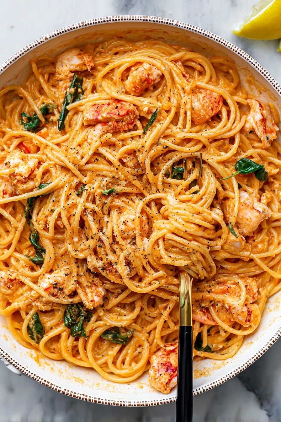 A round ornate white pan holds creamy orange-colored pasta with long spaghetti noodles coated in rich sauce. Scattered in the pasta are small pieces of cooked shrimp that are light pink with hints of white and a slightly firm texture. Dark green spinach leaves are mixed through, adding contrast. The surface of the pasta is sprinkled with black pepper flakes, giving tiny black dots over the bright sauce. Two gold and black spoons rest in the pan, partly lifting some pasta, showing the saucy texture underneath. The pan sits on a white marbled surface with a small yellow lemon wedge visible at the top right corner. Photo taken with an iphone --ar 2:3 --v 7