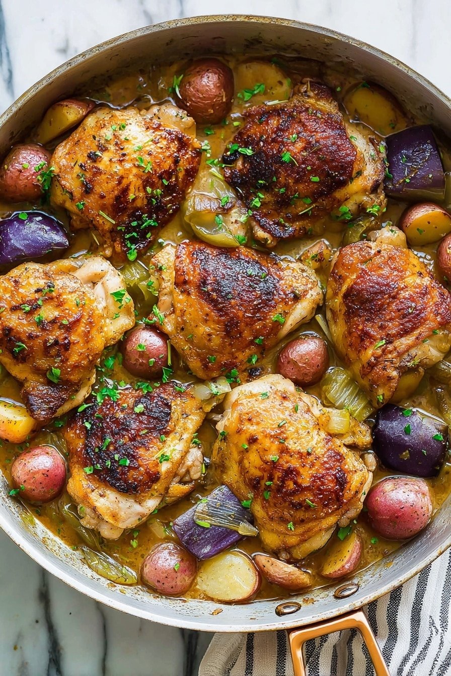 A pan filled with six juicy golden-brown chicken pieces, each with crispy skin and a slightly charred texture on top. Around the chicken, there are small, soft red potatoes with skins on and chunks of purple eggplant, all mixed in a light brown sauce that looks shiny and a bit oily. Small green herb bits are sprinkled over the chicken and vegetables, adding a fresh touch. The pan handle is golden and rests on a white marbled surface with a striped cloth underneath. photo taken with an iphone --ar 2:3 --v 7