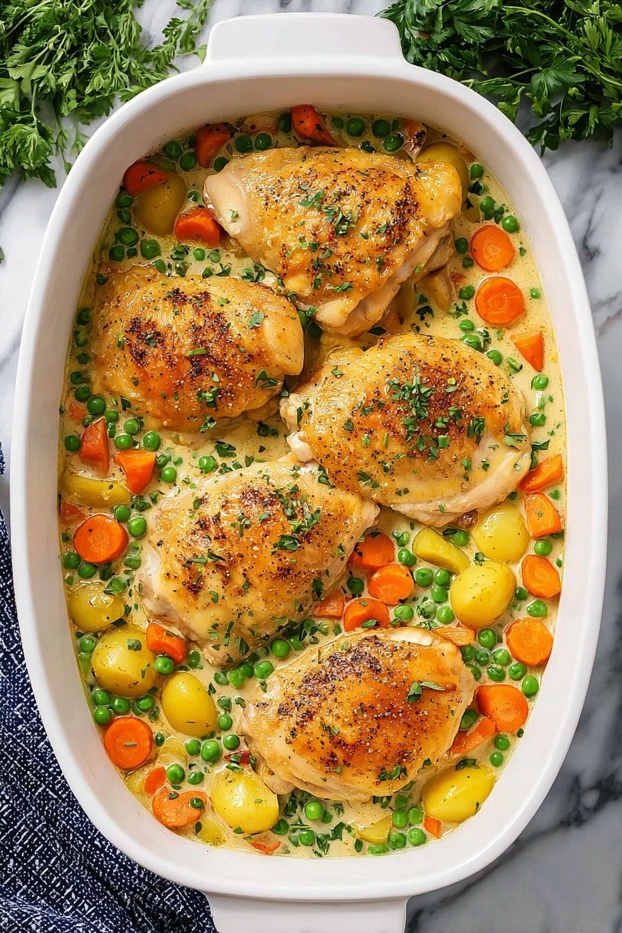A white baking dish filled with four golden-brown chicken pieces on top, each seasoned with black pepper and sprinkled with chopped green herbs. Below the chicken, there is a creamy sauce mixed with bright green peas, orange carrot slices, and small yellow potatoes, all evenly spread out. The dish sits on a white marbled surface, with fresh green herbs visible in the background and a dark blue and white cloth to one side. Photo taken with an iphone --ar 2:3 --v 7