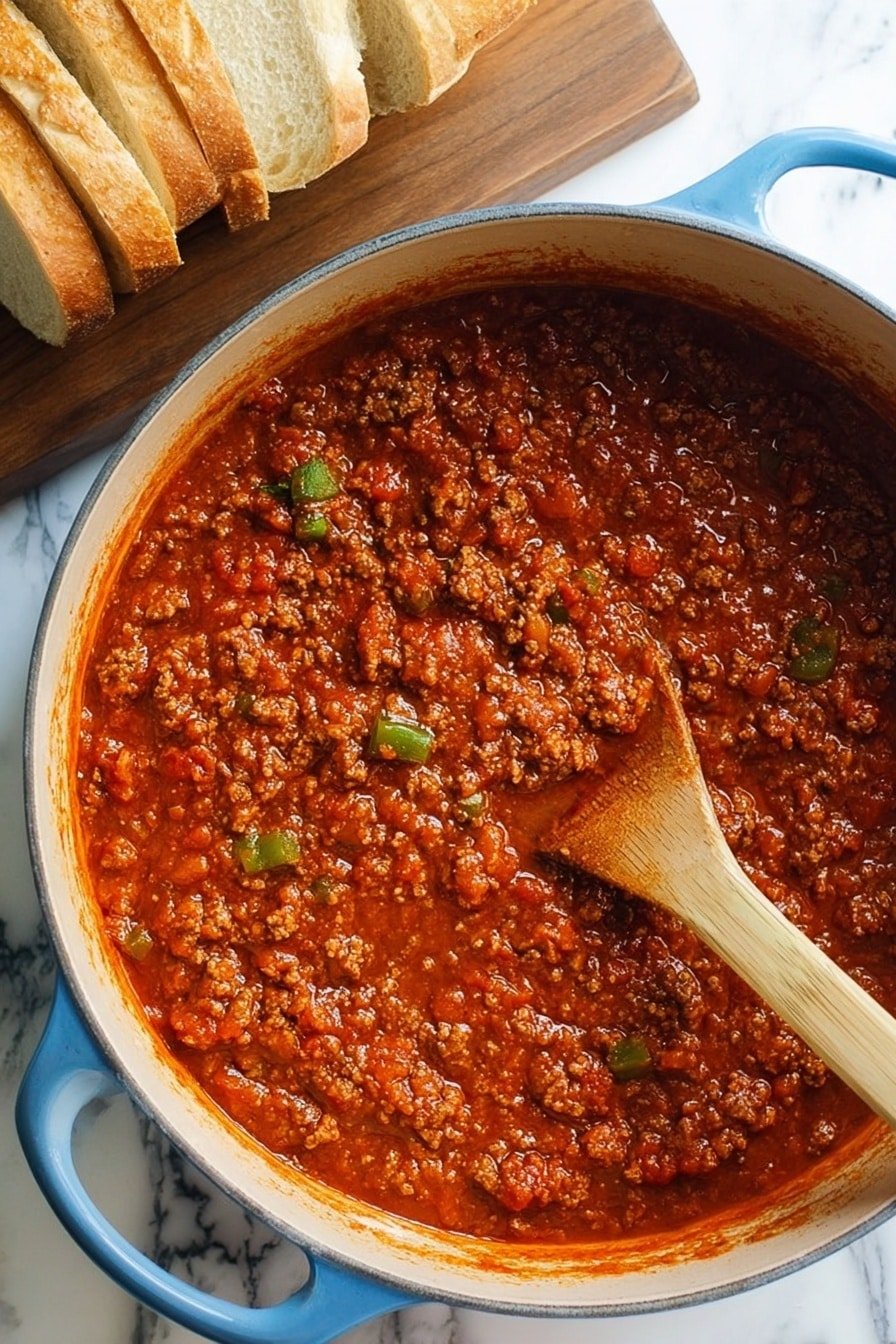 A large blue pot filled with thick red meat sauce showing small chunks of ground meat and diced green peppers mixed into the textured sauce, a wooden spoon resting in the sauce, and a loaf of sliced bread on a wooden board in the upper left on a white marbled surface photo taken with an iphone --ar 2:3 --v 7