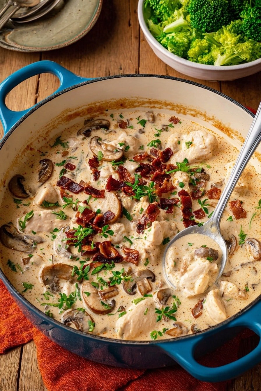 A creamy dish inside a blue pot with a white inside, filled with light beige creamy sauce mixed with small white pieces of chicken and whole brown mushrooms. On top, there are small dark brown crispy bacon bits and chopped green herbs scattered. A metal spoon is placed inside the pot, scooping some of the creamy mix. The pot sits on a wooden table with an orange cloth under one handle, and there is a white bowl with green broccoli and lettuce vegetables in the upper right corner. Photo taken with an iphone --ar 2:3 --v 7