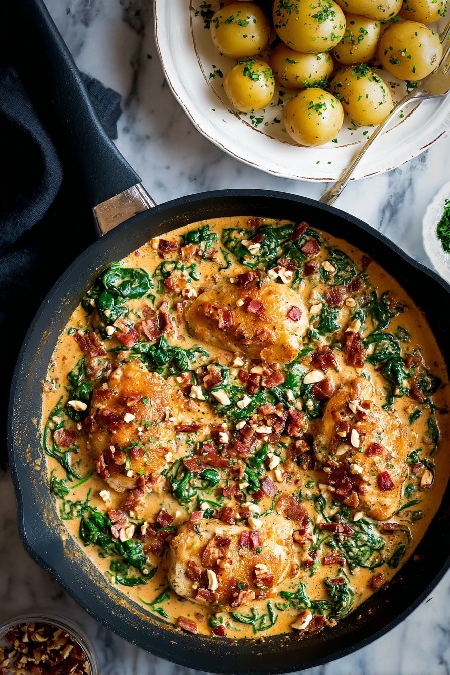 A black skillet filled with four pieces of cooked chicken sitting in a creamy orange-colored sauce mixed with green spinach leaves and small pieces of crispy reddish-brown bacon and chopped nuts scattered on top. To the upper left, there is a white plate full of small, shiny yellow potatoes sprinkled with green herbs. The scene is set on a white marbled surface with some dark cloth underneath the skillet and some golden forks lying beside it. Photo taken with an iphone --ar 2:3 --v 7