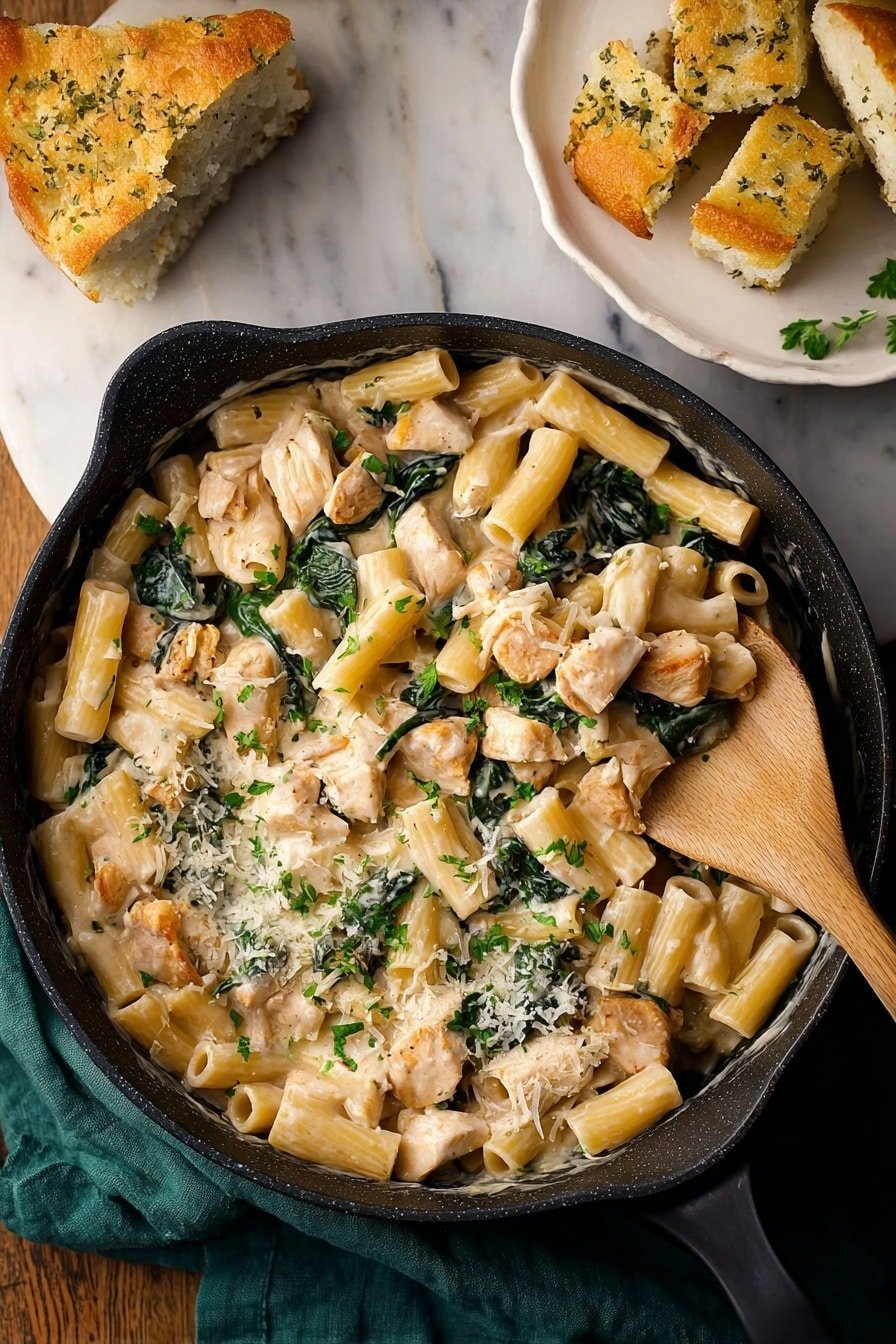 A black pan filled with creamy pasta made of short tube shapes in a light cream sauce mixed with small pieces of cooked chicken with a light brown outside and dark green leafy vegetables, sprinkled with grated cheese and chopped parsley on top. A fork is lifting some pasta from the right side of the pan. In the top right corner, there is a white plate with pieces of torn golden-brown bread with herb specks. The pan rests on a dark gray cloth on a white marbled surface. photo taken with an iphone --ar 2:3 --v 7
