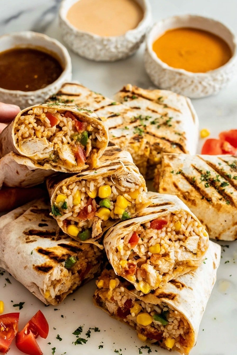 The image shows several grilled wraps cut in half and stacked on a white marbled surface. Each wrap has three to four layers visible: the outer grilled tortilla with brown grill marks, a layer of cooked rice with a slightly reddish tint, a layer of diced red tomatoes, yellow corn kernels, and chunks of white meat mixed in with some green herb sprinkles. The wraps are arranged together, with small pieces of tomatoes and herbs scattered around. In the background, there are three small ornate white bowls with different colored sauces, one dark brown, one light orange, and one creamy pale color. A woman's hand can be seen reaching for one of the wraps. photo taken with an iphone --ar 2:3 --v 7
