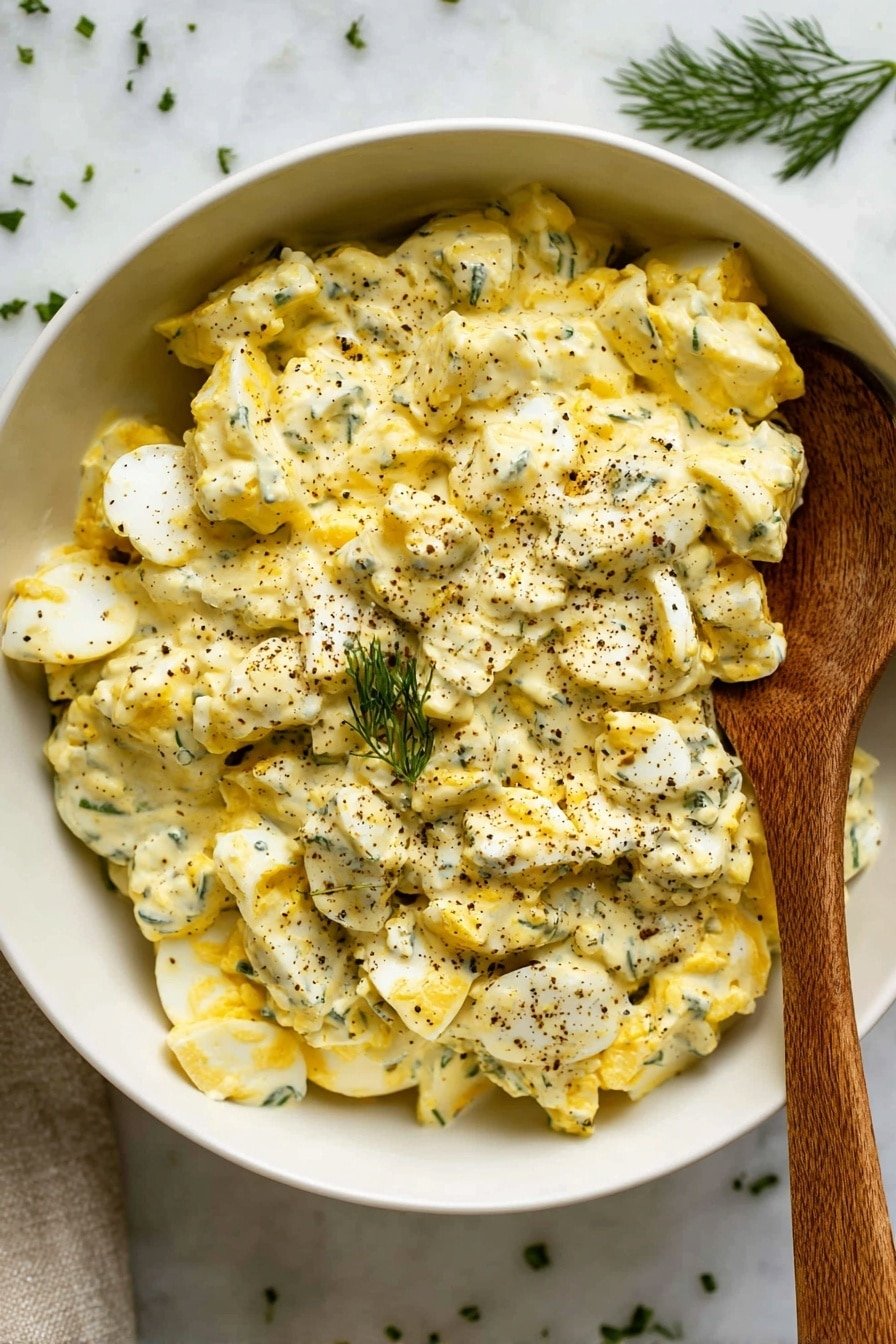 A white bowl filled with a creamy egg salad showing about three layers: a base layer of roughly chopped hard-boiled eggs with white and yellow pieces, a thick layer of pale yellow mayonnaise mixed with green herb bits, and a sprinkling of black pepper on top. A wooden spoon rests inside the bowl, partially covered by the egg salad, and a small green dill sprig decorates the surface. The bowl sits on a white marbled surface with some scattered green herb pieces around. photo taken with an iphone --ar 2:3 --v 7