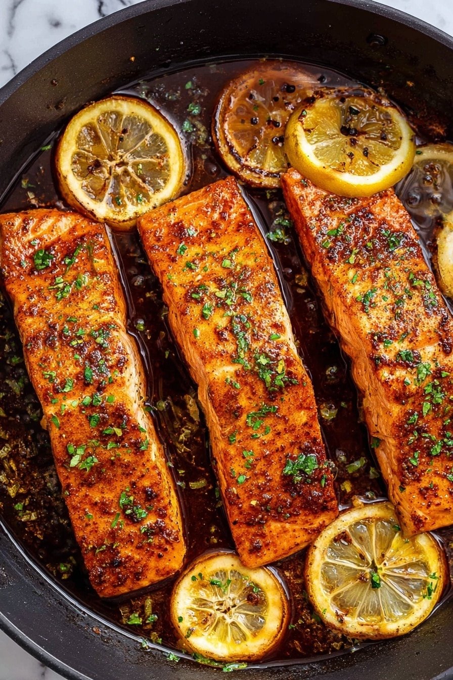 The image shows three cooked salmon fillets arranged side by side in a black pan, each with a crispy golden-brown surface sprinkled with green herbs and spices. Underneath and around the salmon, there are several slices of browned lemon, some partially soaked in a dark, glossy sauce that coats the pan. The texture of the salmon appears tender with a slight char, and the lemon slices show a caramelized surface with visible seeds and a light green garnish scattered lightly. The background is a white marbled texture. photo taken with an iphone --ar 2:3 --v 7