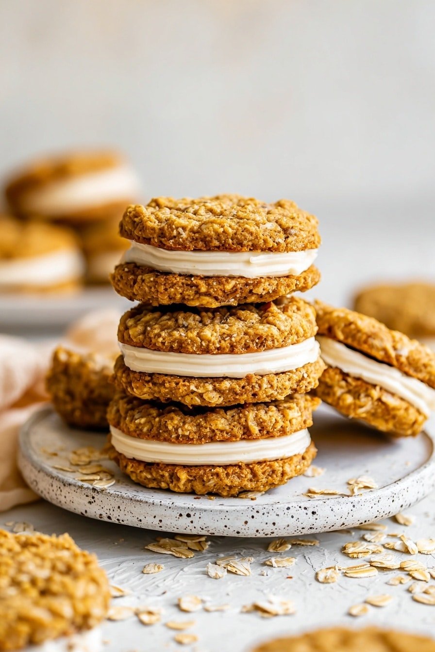 The image shows a close-up view of many oatmeal cookie sandwiches stacked tightly in a woven basket lined with a brown and white checkered cloth. Each sandwich has two rough-textured, golden brown oatmeal cookies with visible oats, holding a thick layer of smooth, creamy white filling in the middle. The cookies have a slightly uneven shape and a crumbly surface. The basket sits on a white marbled texture. photo taken with an iphone --ar 2:3 --v 7
