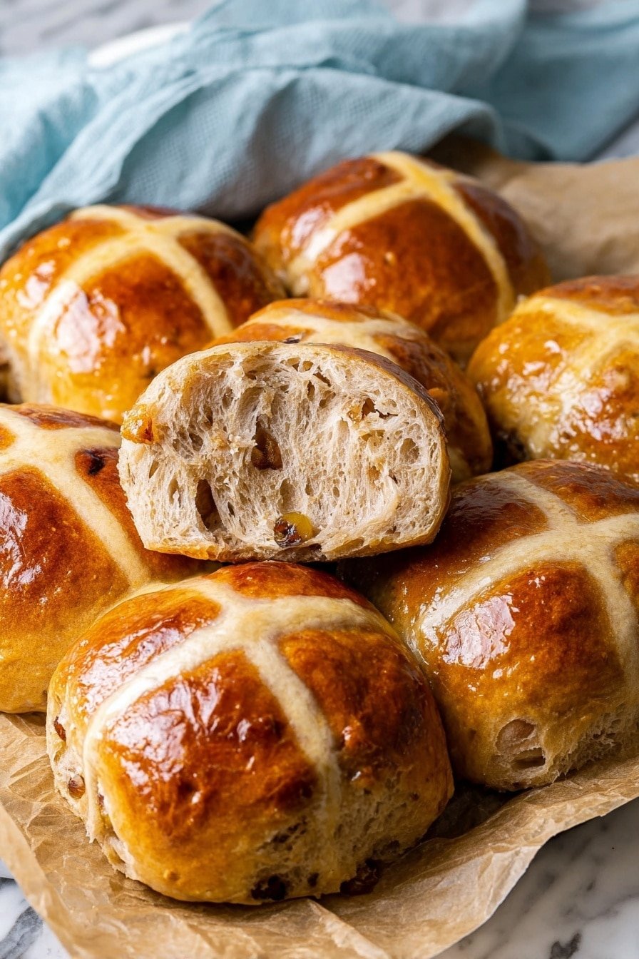 The image shows a close-up of seven hot cross buns arranged closely together on brown parchment paper on a white marbled surface. Five buns are whole with shiny, golden brown tops crossed by smooth, pale lines. Two buns are split open, revealing a soft, airy inside texture of light brown dough speckled with small pieces of dried fruit. The buns have a slightly glossy finish, indicating a light glaze. A folded light blue cloth is seen blurred in the background, adding a soft contrast to the scene. photo taken with an iphone --ar 2:3 --v 7