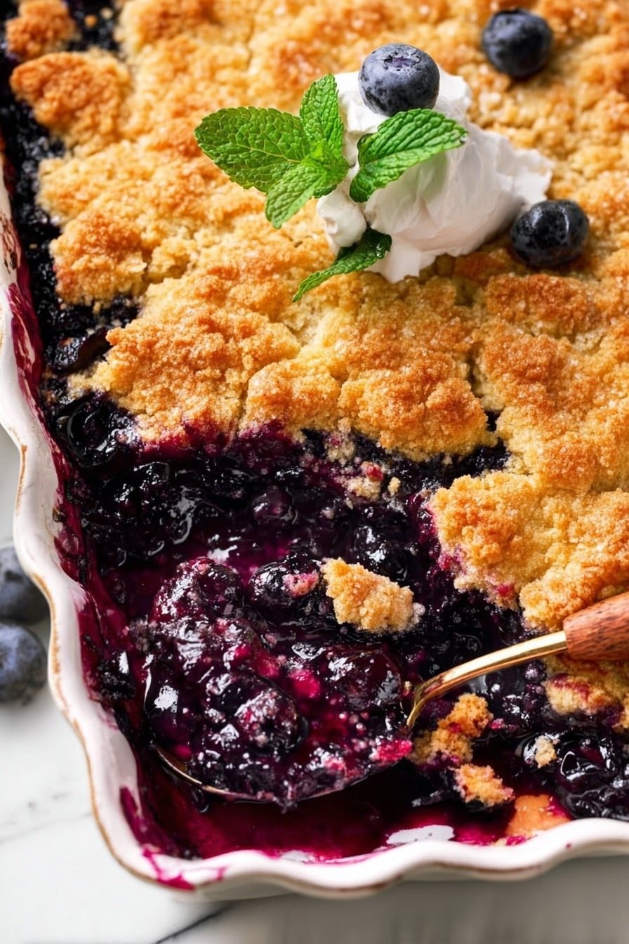 The image shows a close-up of a golden brown cobbler with a rough-textured top crust that has a slightly crispy look. Beneath this crust, there is a thick layer of dark purple blueberry filling that is juicy and bubbling, with some berries visible. The cobbler is in an ornate white rectangular dish, with bright purple filling slightly spilled and sticky on the sides. On top, there is a small sprig of fresh green mint as garnish, and a dollop of white cream is placed nearby on the crust. A spoon with a wooden handle is scooping a portion from the cobbler, revealing both the crust and the juicy blueberry filling under it. The background features a white marbled texture. photo taken with an iphone --ar 2:3 --v 7