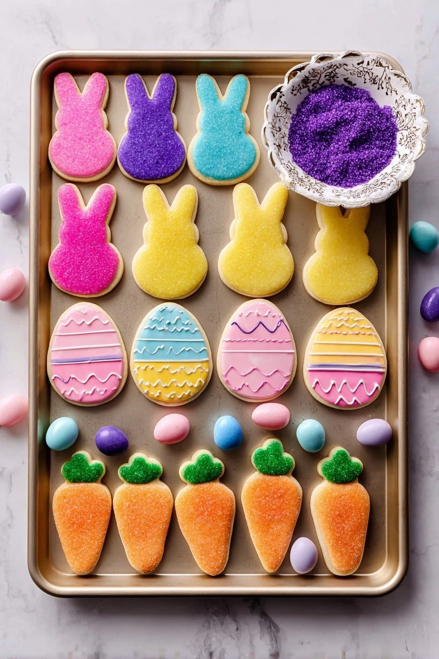 A pink speckled baking tray sits on a white marbled texture surface, filled with colorful Easter-themed sugar cookies arranged in neat rows. The top row features six cookie bunnies with smooth sugar coatings in purple, pink, blue, and yellow, each decorated with a small white round tail detail. Below, two rows of decorated egg-shaped cookies with bright yellow, pink, and white bases show pastel zigzag and dotted patterns in blue, purple, and green icing. Scattered around are small pastel-colored candy eggs in blue, purple, and pink. The bottom row displays five carrot-shaped cookies with a smooth orange body and bright green leafy tops. On the right side of the tray, a small ornate white bowl filled with purple sugar crystals contrasts with the cookies around it. Photo taken with an iphone --ar 2:3 --v 7