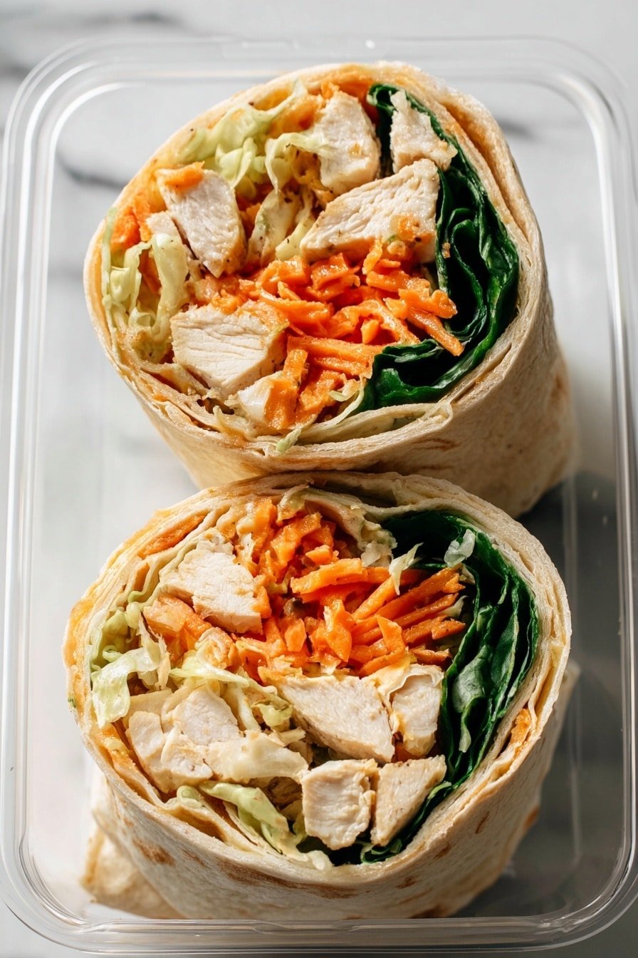 Two halves of a wrap are placed upright inside a clear container on a white marbled surface. Each wrap has three visible layers: a soft, light tan tortilla on the outside; inside, chunks of light beige chicken pieces on the top and bottom; in the middle are bright orange shredded carrots mixed with light yellow cabbage, and fresh dark green spinach leaves peeking through. The wraps are tightly packed and show a mix of smooth and textured fillings photo taken with an iphone --ar 2:3 --v 7