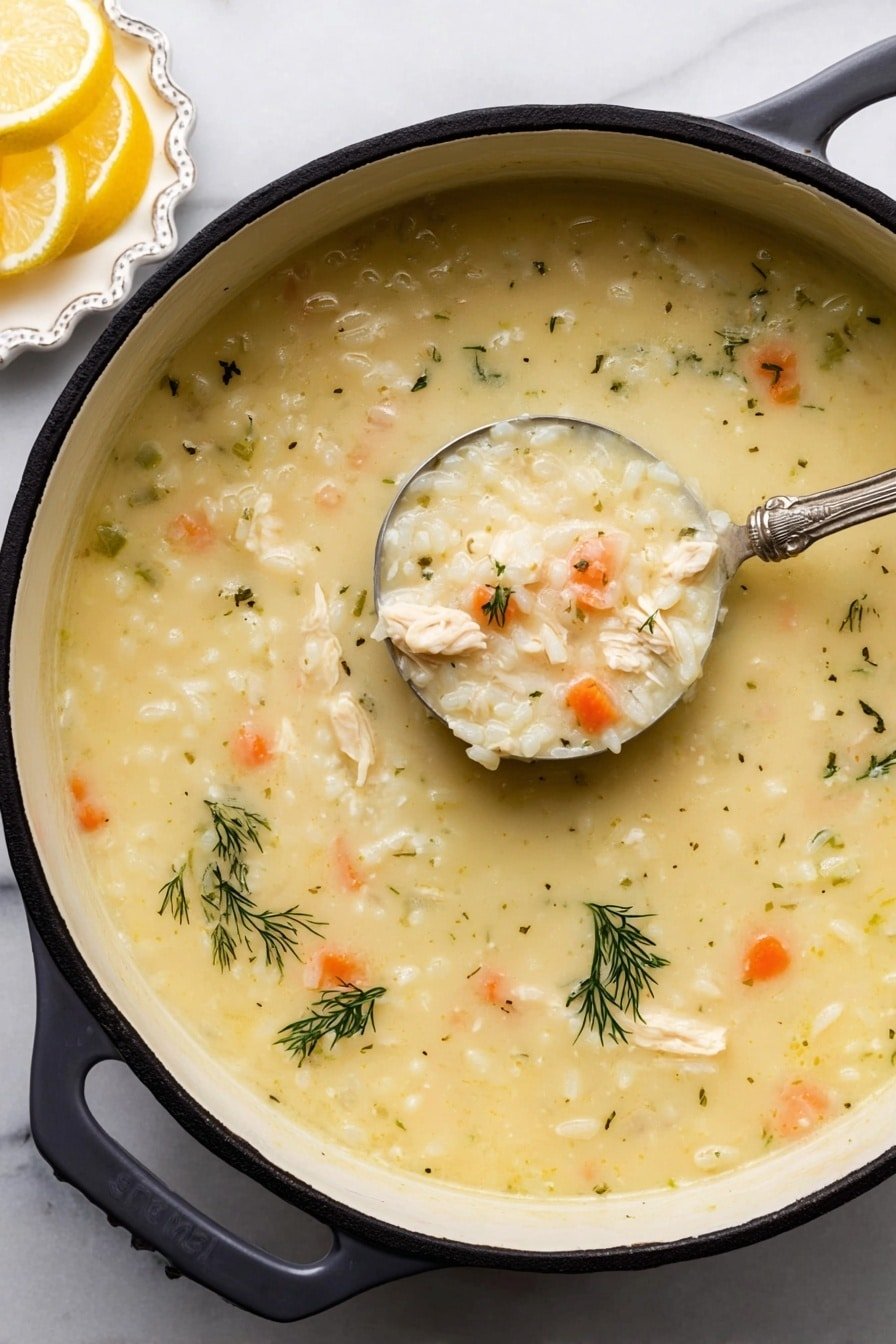 A large black-rimmed cooking pot filled with creamy, pale yellow soup with small bits of white rice, orange carrot pieces, and light chunks of chicken, topped with small sprigs of green dill scattered on the surface, with a silver ladle scooping some soup showing its thick and smooth texture, placed on a white marbled surface; in the top left corner, a small ornate white dish holds three lemon wedges. Photo taken with an iphone --ar 2:3 --v 7