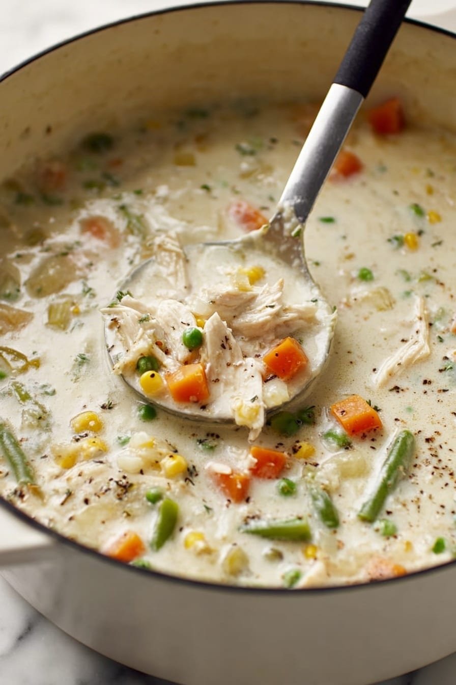 A close-up view of a large white pot filled with creamy chicken and vegetable soup. The soup has a thick white broth with visible small orange carrot cubes, green peas, green beans, and small yellow corn pieces scattered throughout. There are tender pieces of white chicken mixed in, and some black pepper is sprinkled on top. A silver spoon with a black handle is scooping up some of the soup, showing the chunky texture. The pot is set against a white marbled surface. Photo taken with an iphone --ar 2:3 --v 7