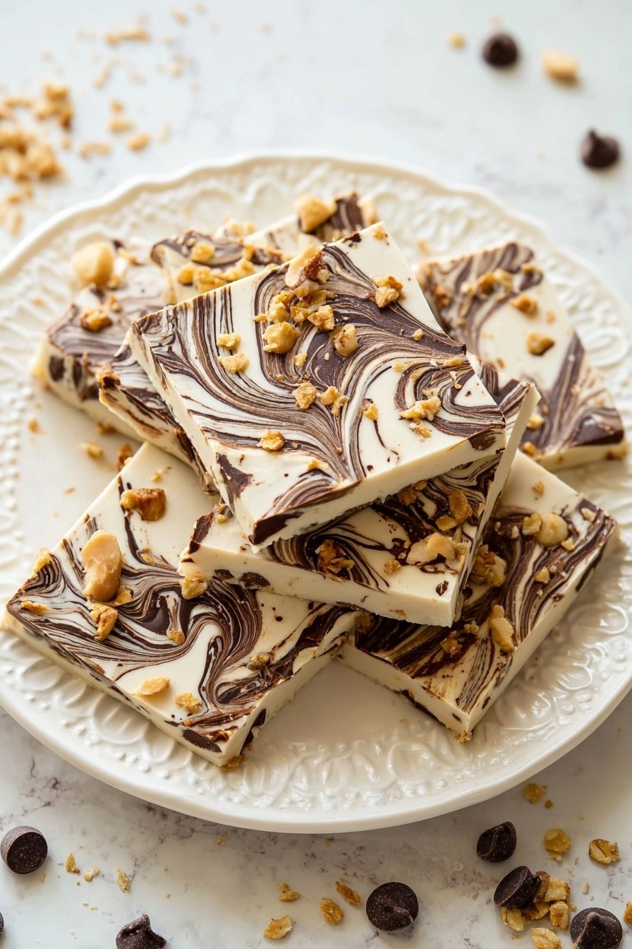 This image shows several pieces of dessert bark stacked on an ornate white plate. Each piece has two layers: a smooth, creamy white base layer with a soft texture, and a dark brown chocolate swirl on top, mixed in together to form elegant marbled patterns. Small clusters of light brown nuts and granola are sprinkled evenly over the entire surface, adding a crunchy texture. The plate is on a white marbled texture surface, with some loose granola bits and dark chocolate chips scattered around. The photo taken with an iphone --ar 2:3 --v 7