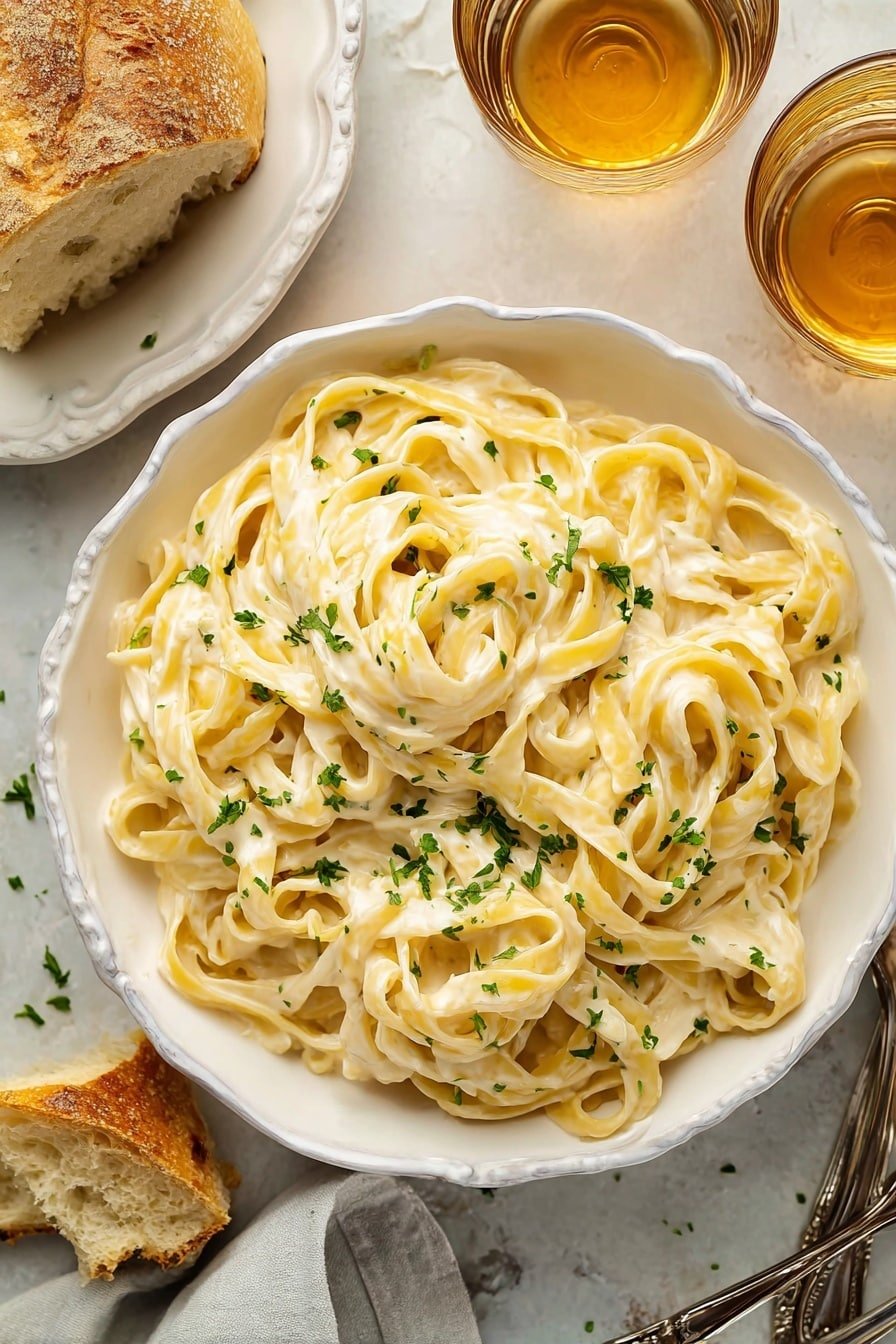 A bowl of creamy fettuccine alfredo fills the frame, with thick ribbons of pasta coated in a smooth, pale yellow sauce. The noodles are slightly twisted and piled high in the ornate white bowl, sprinkled with small bits of fresh green parsley for color. Around the bowl, there is a torn piece of light brown bread with a crusty texture, and two silver forks lie neatly on a white marbled texture surface. Two clear glasses filled with a light amber drink sit nearby, adding a warm contrast to the scene. photo taken with an iphone --ar 2:3 --v 7