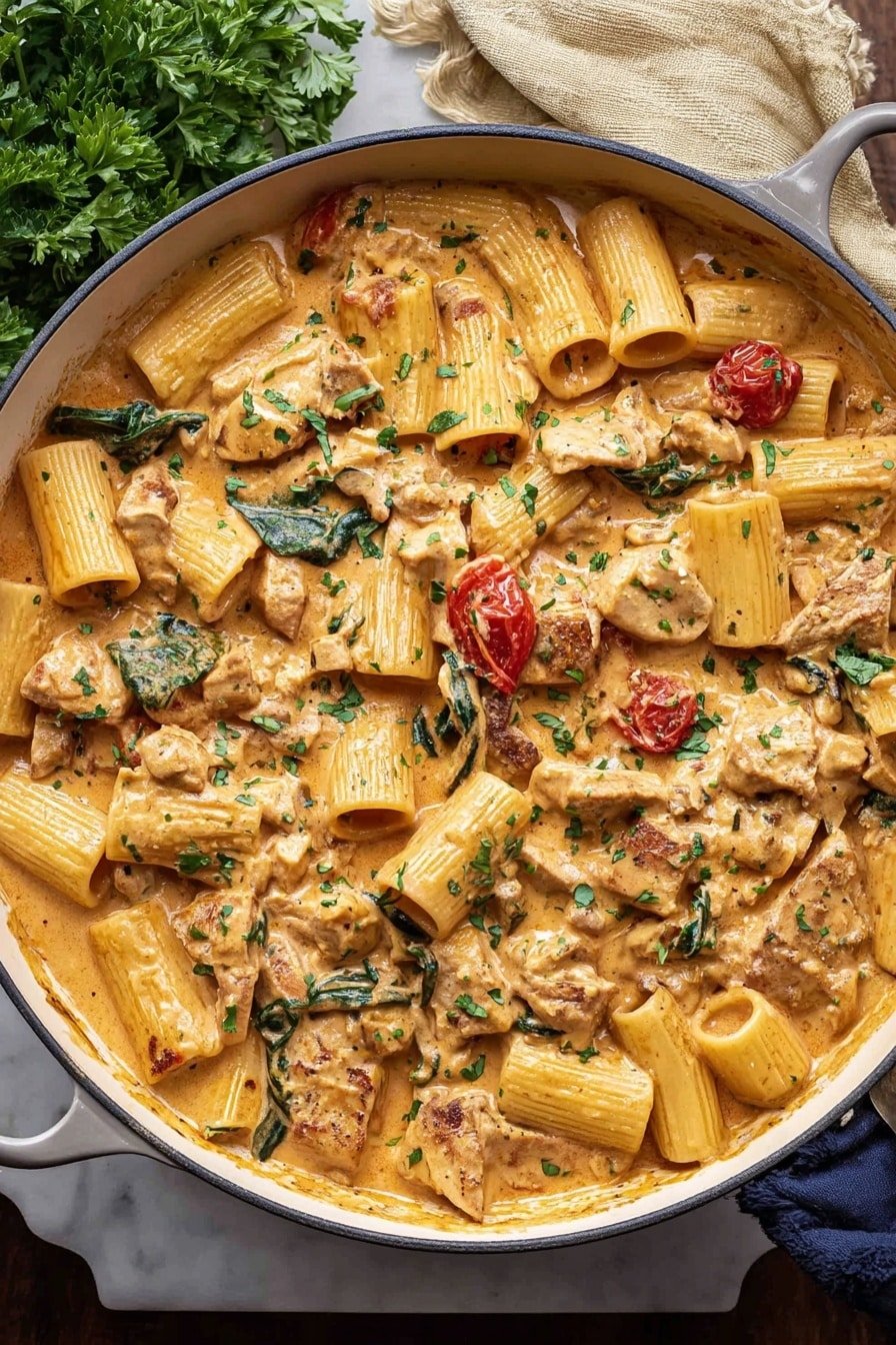 The image shows a large dark blue pan filled with creamy pasta. The dish contains rigatoni pasta in a thick light orange sauce, with pieces of browned chicken scattered throughout. There are small red cherry tomato halves and dark green leafy herbs mixed in, adding color and texture. The creamy sauce coats the pasta and chicken evenly, with some green herb sprinkles on top. The pan is placed on a white marbled surface with a beige cloth and some fresh parsley in the background. Photo taken with an iphone --ar 2:3 --v 7