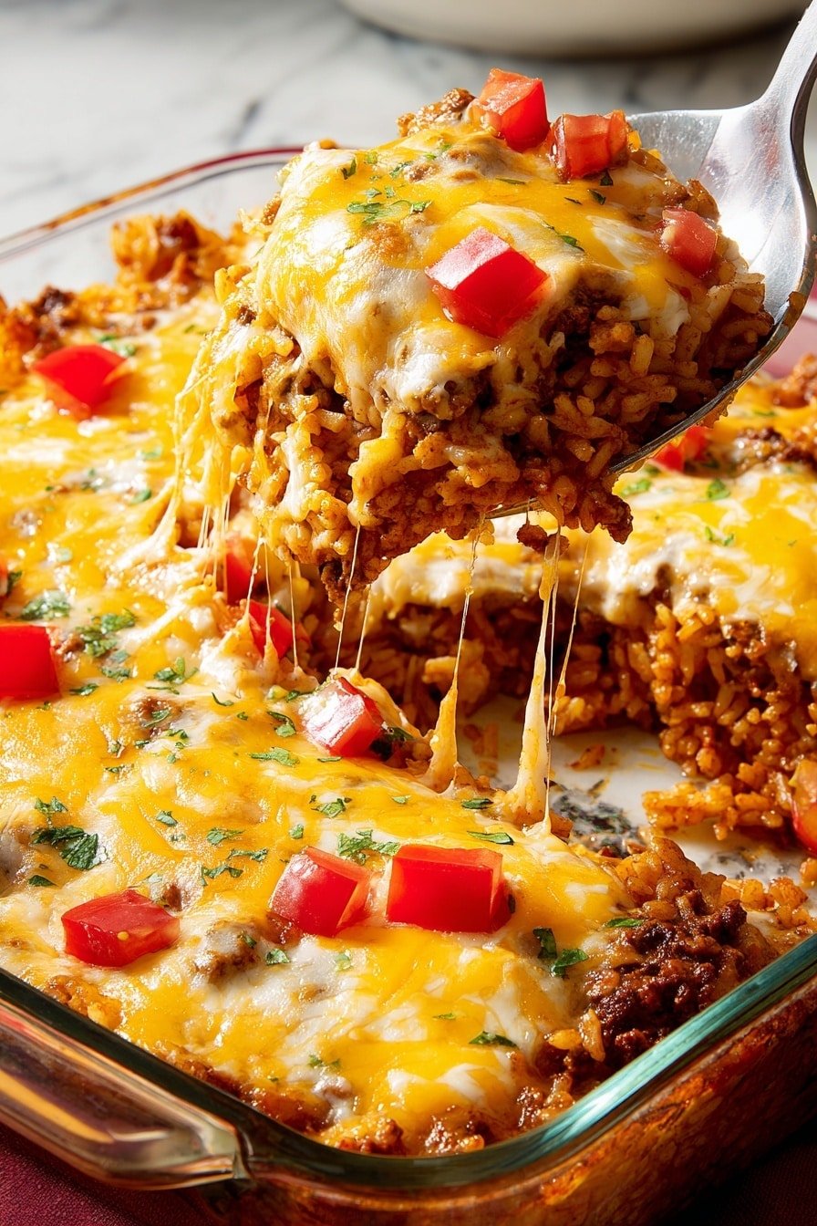 The dish is a layered casserole in a bright red baking dish placed on a white marbled surface. The bottom layer shows rice mixed with ground meat and spices, creating a textured, reddish-brown base. Above this is a thick topping of melted cheese, golden yellow and white, stretchy as a metal serving spoon lifts a portion out, revealing gooey, stringy cheese strands. Scattered on top are small cubes of fresh red tomato and a sprinkle of chopped green herbs, adding color contrast. The edges of the dish show bits of cooked meat and cheese browned from baking. Photo taken with an iphone --ar 2:3 --v 7