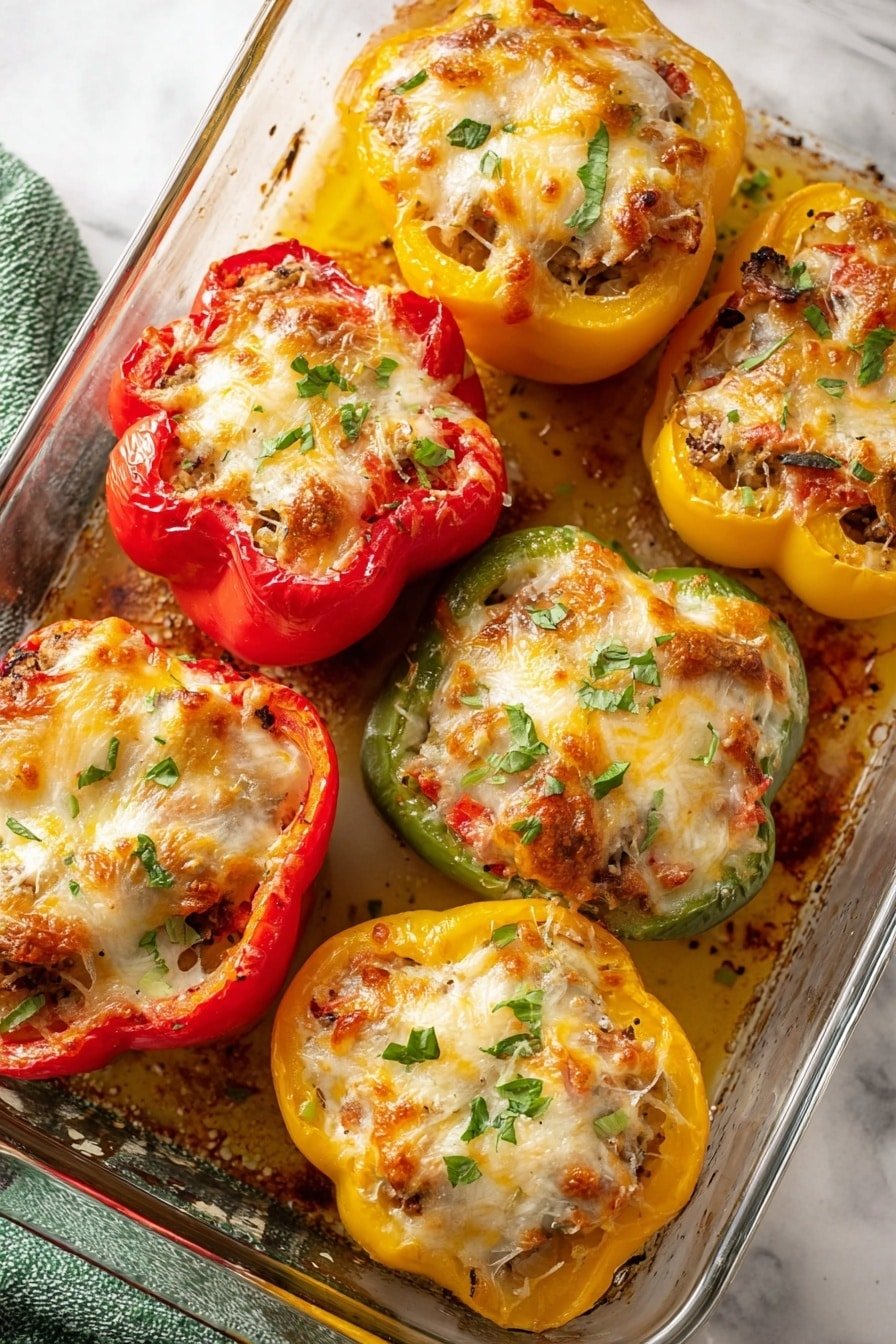 The image shows a white baking dish filled with six stuffed bell peppers in red, yellow, and green colors. Each pepper is cut in half lengthwise and filled with a mix of cooked ingredients, topped with melted cheese that is golden and slightly bubbly. Small green herb leaves are sprinkled on top of the cheese layers. The peppers rest on a slightly browned, oily surface inside the dish, indicating they have been baked. The dish is placed on a white marbled textured surface with a white cloth partially visible on the side. photo taken with an iphone --ar 2:3 --v 7