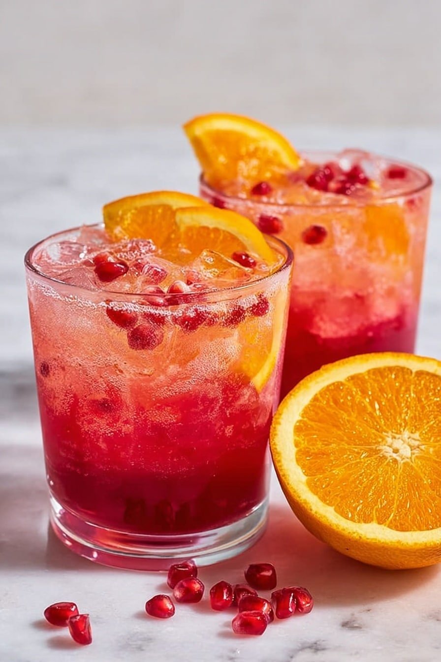 Two clear glasses filled with a reddish-pink drink sit on a white marbled surface. Each glass is filled with ice cubes that sparkle and catch the light, with small dark red berries scattered around the ice. The layers of the drink show a gradient from deeper red at the bottom to a lighter, almost translucent pink near the top, with tiny bubbles adding a fizzy texture. Each glass is topped with a bright orange slice resting on the rim, adding contrast to the red drink. The photo taken with an iphone --ar 2:3 --v 7