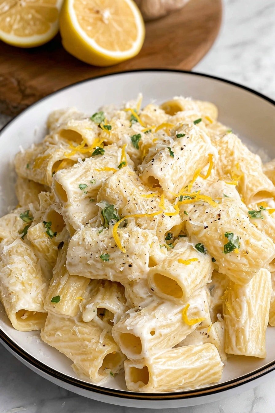 A close-up view of rigatoni pasta coated in a creamy white sauce arranged in a white bowl with a thin black rim. The pasta pieces are thick and tubular, piled high with the sauce clinging smoothly over them. Small green herb bits and fine lemon zest specks are scattered evenly on top, giving touches of color. Grated white cheese lightly dusts the dish, adding texture. In the background, half a lemon and a wooden board sit on a white marbled surface. Photo taken with an iphone --ar 2:3 --v 7