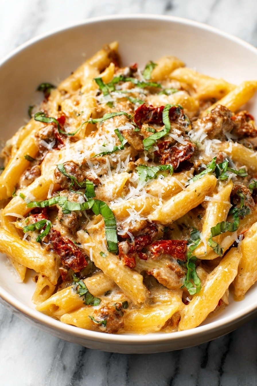 A bowl of creamy penne pasta with three main layers: the bottom layer is light golden-yellow penne with smooth texture, the middle layer has a thick sauce mixed with small browned meat pieces and bits of sun-dried tomatoes with deep red color, and the top layer is sprinkled with finely shredded white cheese and small green basil leaves. The dish is served in a white bowl on a white marbled surface. photo taken with an iphone --ar 2:3 --v 7