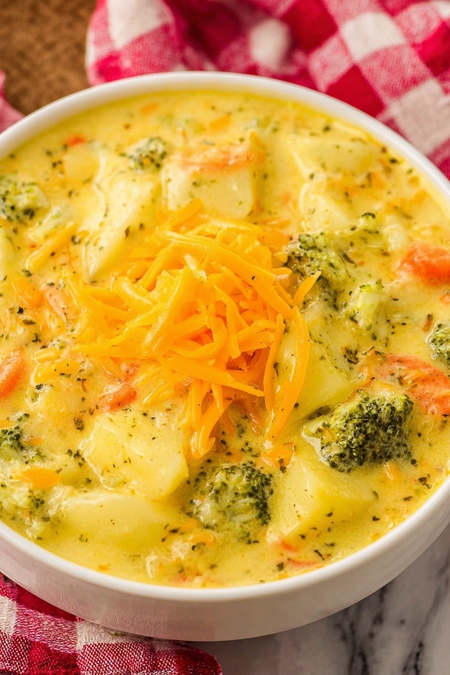 A close-up of a spoonful of creamy soup held above a bowl, showing three main layers: large green broccoli florets with a bumpy texture on top, white pasta pieces with smooth surfaces below the broccoli, and tiny bits of orange carrot mixed in. The creamy yellow soup base surrounds and coats all the ingredients, looking rich and thick. The background is softly blurred, with a wood texture visible under the bowl and around the edges. photo taken with an iphone --ar 2:3 --v 7
