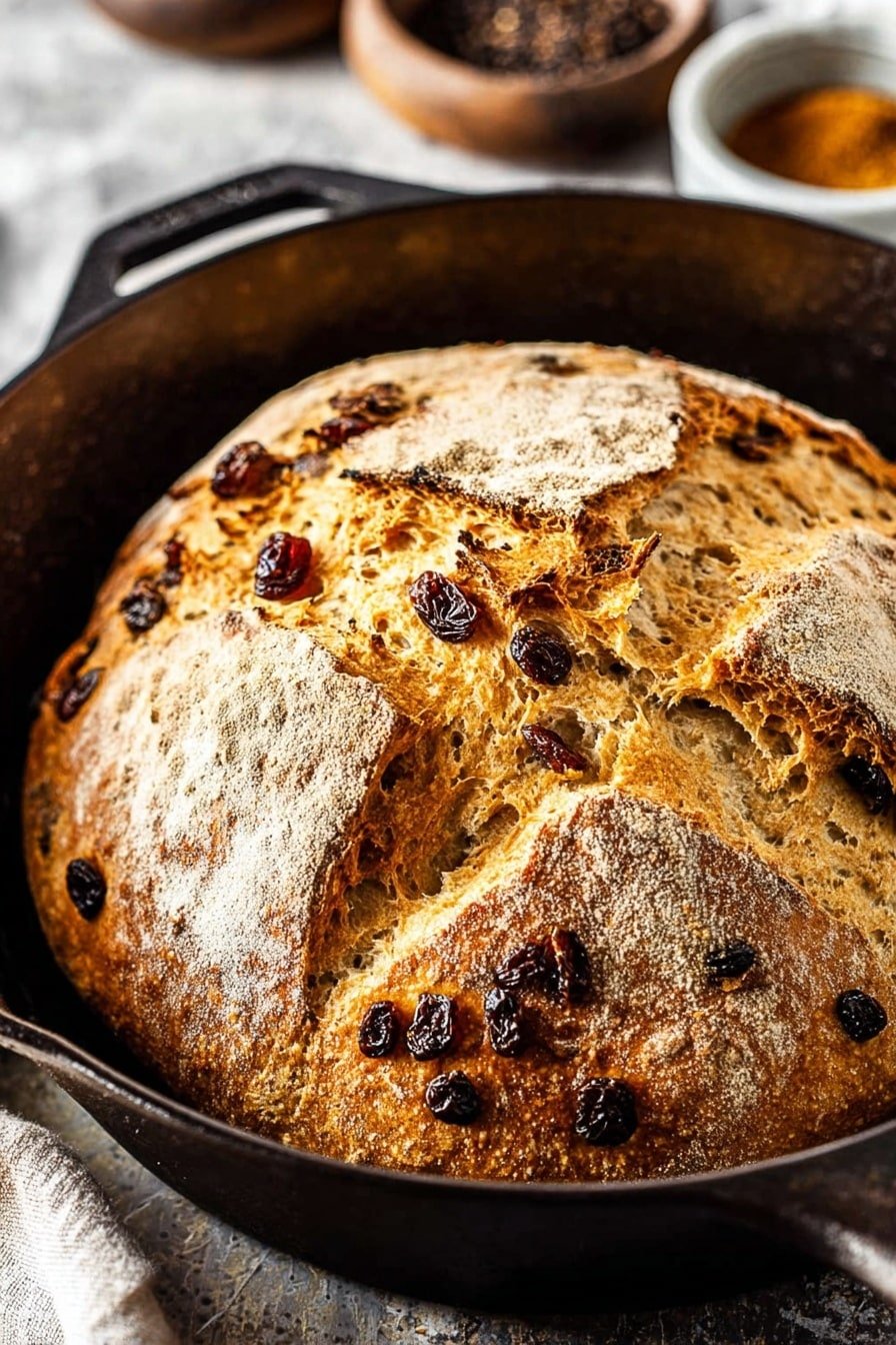The image shows a golden brown loaf of bread baked with dark raisins scattered on and inside it. The bread has a rustic look with a rough crust, and about four big cracks clearly visible on top, showing the soft, light inner dough. The loaf is placed in a black cast iron pan, which contrasts with its warm colors. The background is a white marbled texture, and in the back, there are blurred small bowls likely containing spices or seeds. photo taken with an iphone --ar 2:3 --v 7