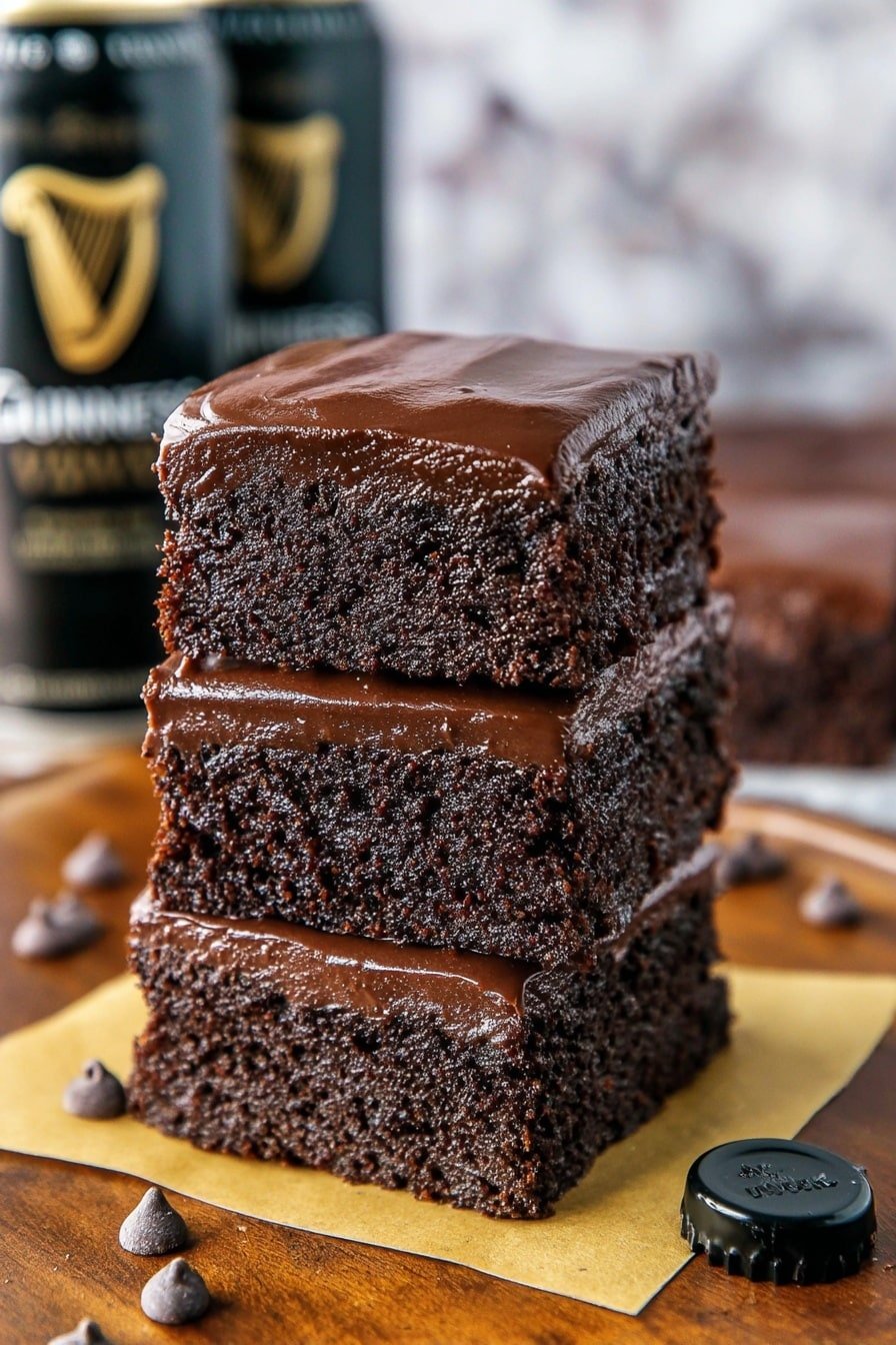 The image shows a stack of three thick chocolate cake squares with a smooth, shiny dark chocolate frosting layer on top of each piece. The cake layers are dark brown and look soft and moist with a slightly coarse texture. The pieces are stacked neatly one on top of the other on a flat golden-yellow paper on a wooden surface with a few chocolate chips and a black bottle cap nearby. In the background, there are blurred black cans with gold and white text. The setting has a white marbled texture surface. photo taken with an iphone --ar 2:3 --v 7