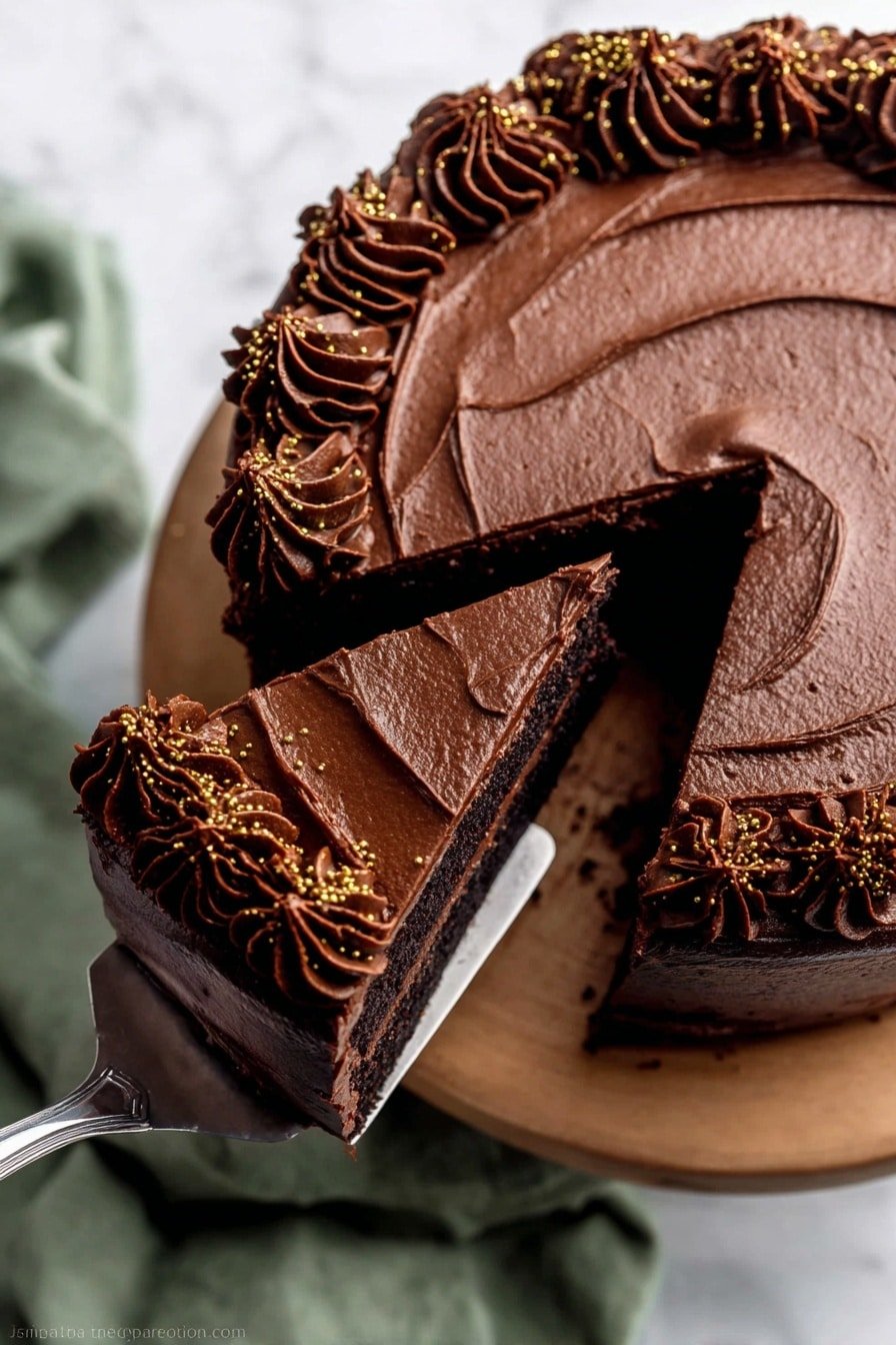 A rich chocolate cake with two visible layers, covered in smooth, dark chocolate frosting. The top shows gentle swirls made with a spatula and is decorated around the edge with thick piped chocolate rosettes sprinkled with small golden sugar crystals. One slice is being lifted with a silver cake server, showing the moist texture of the chocolate cake inside. The cake sits on a wooden board placed on a white marbled texture surface, with a soft green cloth nearby. Photo taken with an iphone --ar 2:3 --v 7
