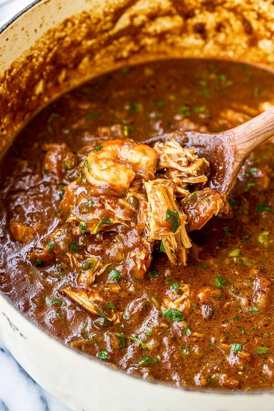 This image shows a close-up of thick brown stew in an ornate white pot, with visible chunks of tender meat and small green herbs mixed throughout. The stew has a rich, slightly glossy texture with bits of vegetables faintly visible. A wooden spoon is dipped into the stew, lifting a portion that reveals the layers of shredded meat and sauce blending smoothly together. The inside walls of the pot have some sauce splashed and dried around the edges, giving a sense of homemade cooking. The background is a white marbled texture. photo taken with an iphone --ar 2:3 --v 7