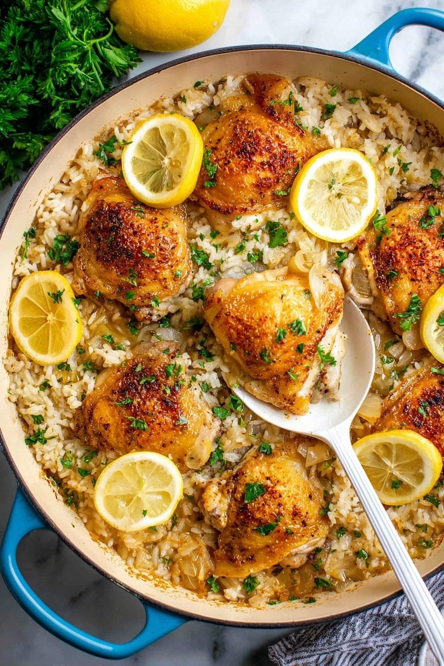 The image shows a blue enameled cast iron pan filled with a dish made of six golden brown cooked chicken thighs on top of a bed of creamy rice mixed with cooked chopped onions. Bright yellow lemon slices are scattered evenly across the dish, adding a fresh look. The rice is light brown with bits of onions visible throughout, while fresh green parsley leaves are sprinkled all over the chicken and rice for a pop of color. A large white spoon is lifting one chicken thigh, showing the juicy, crisp-skinned chicken and the soft rice underneath. The pan sits on a white marbled surface with a small bunch of fresh parsley nearby photo taken with an iphone --ar 2:3 --v 7