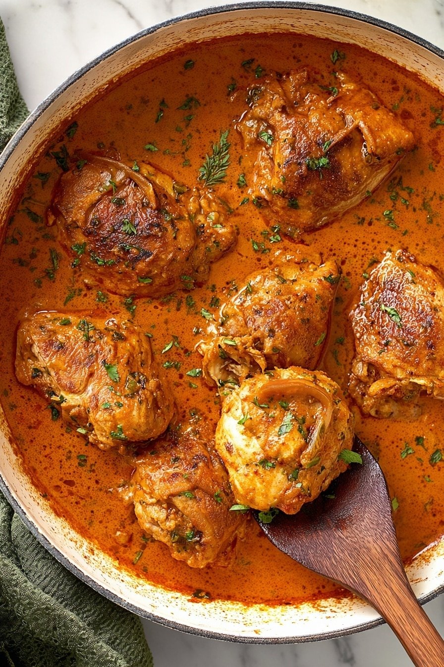 A close-up view of a large ornate white pan filled with six pieces of cooked chicken in a thick, rich orange-red sauce. The sauce looks creamy and smooth with specks of green herbs sprinkled on top, adding color contrast. The chicken pieces have a golden-brown texture with some caramelized edges and are partially submerged in the sauce. A wooden spatula is partially lifting one piece of chicken on the right side, showing its juicy texture. The pan is placed on a white marbled surface, with a bit of green cloth visible on the upper left edge. The overall look is warm, hearty, and flavorful. photo taken with an iphone --ar 2:3 --v 7