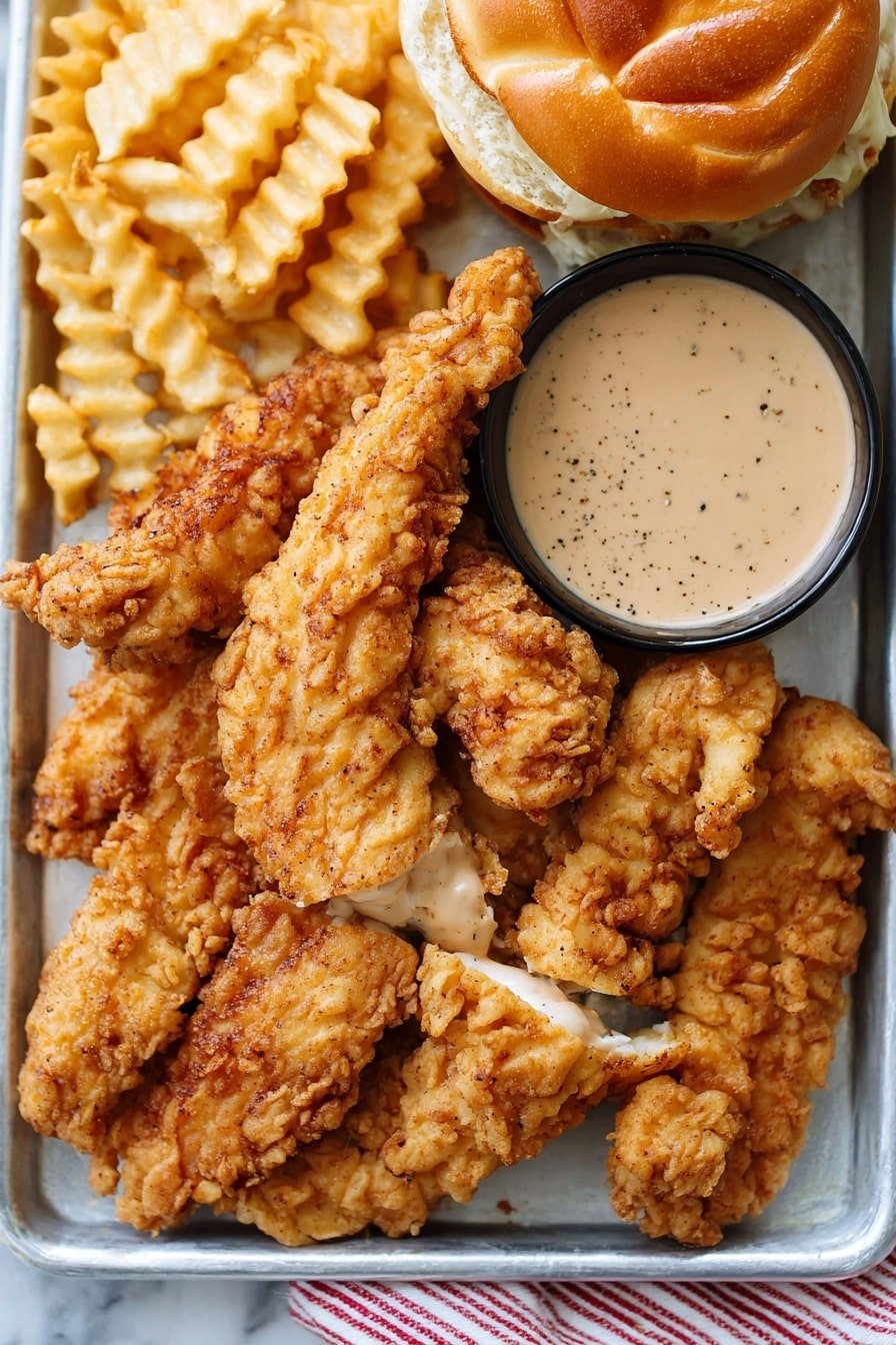 A silver tray is filled with nine golden, crispy fried chicken tenders, each showing a crunchy and textured coating with lightly browned spots. In the top left corner, there is a serving of wavy, pale yellow crinkle-cut fries. Next to the fries, a small black bowl holds a creamy beige dipping sauce speckled with black pepper, and one chicken tender is partially dipped into it. On the top right side of the tray, an ornate white toasted sandwich bun with a golden-brown crust rests above the chicken tenders. The entire tray is placed on a white marbled surface with a hint of a red and white striped cloth at the bottom. Photo taken with an iphone --ar 2:3 --v 7