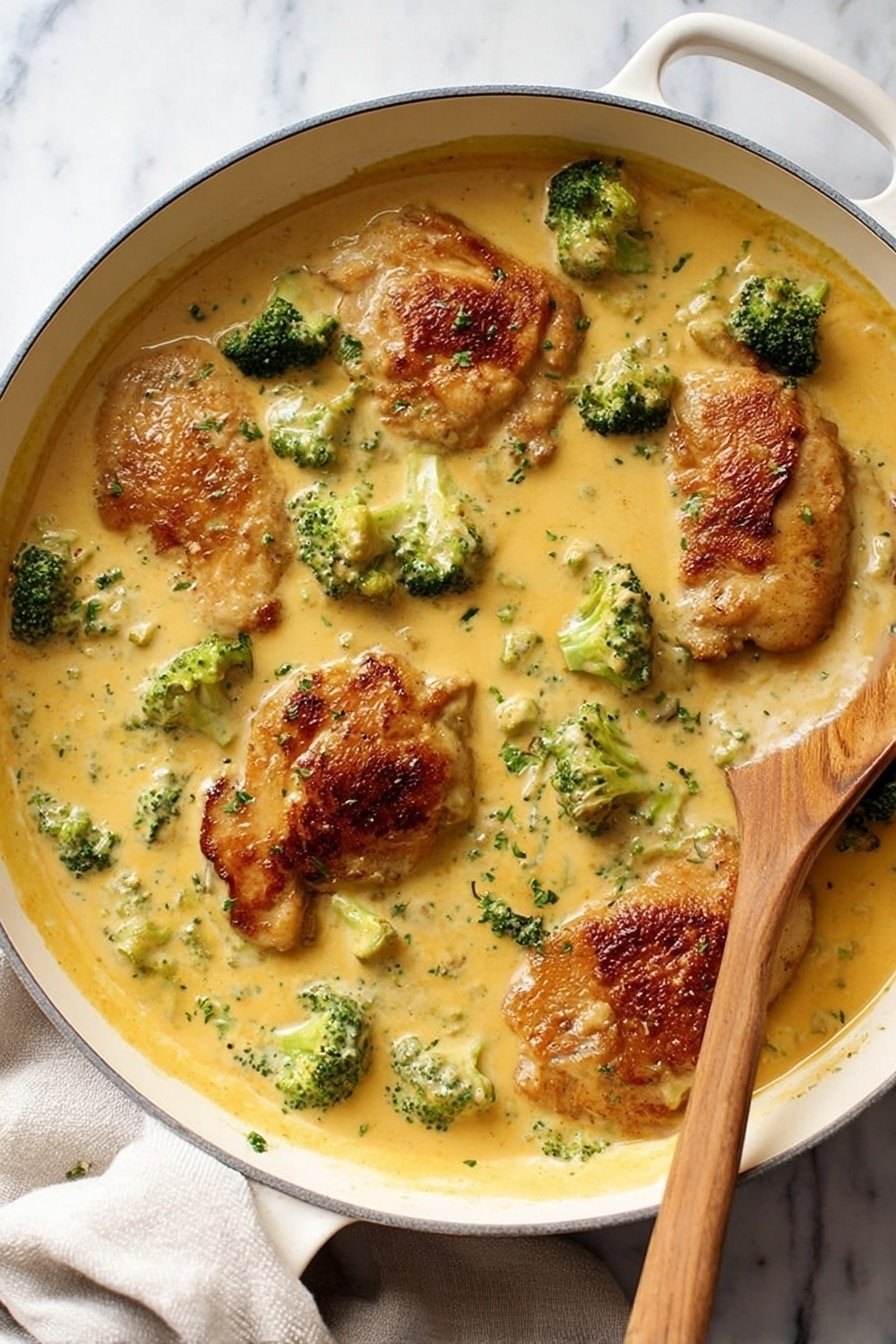A round ornate white pan holds four browned pieces of cooked meat partially covered in a thick creamy yellow sauce with visible small green broccoli florets mixed throughout. A silver spoon with a wooden handle rests on the sauce near the top right edge. The background is a white marbled texture with a light-colored cloth partially visible underneath the pan. photo taken with an iphone --ar 2:3 --v 7