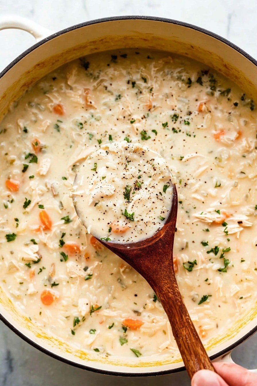 This image shows a close-up top view of a large cooking pot with creamy soup inside. The soup has a thick, light beige color with small pieces of white rice, orange carrot slices, and green parsley bits spread evenly throughout. A wooden spoon is held by a woman's hand, scooping up a portion of the soup, showing its creamy texture and bits of black pepper sprinkled on top. The pot's inside is an off-white color with faint yellow stains near the edge. The scene has a white marbled texture as the background. photo taken with an iphone --ar 2:3 --v 7