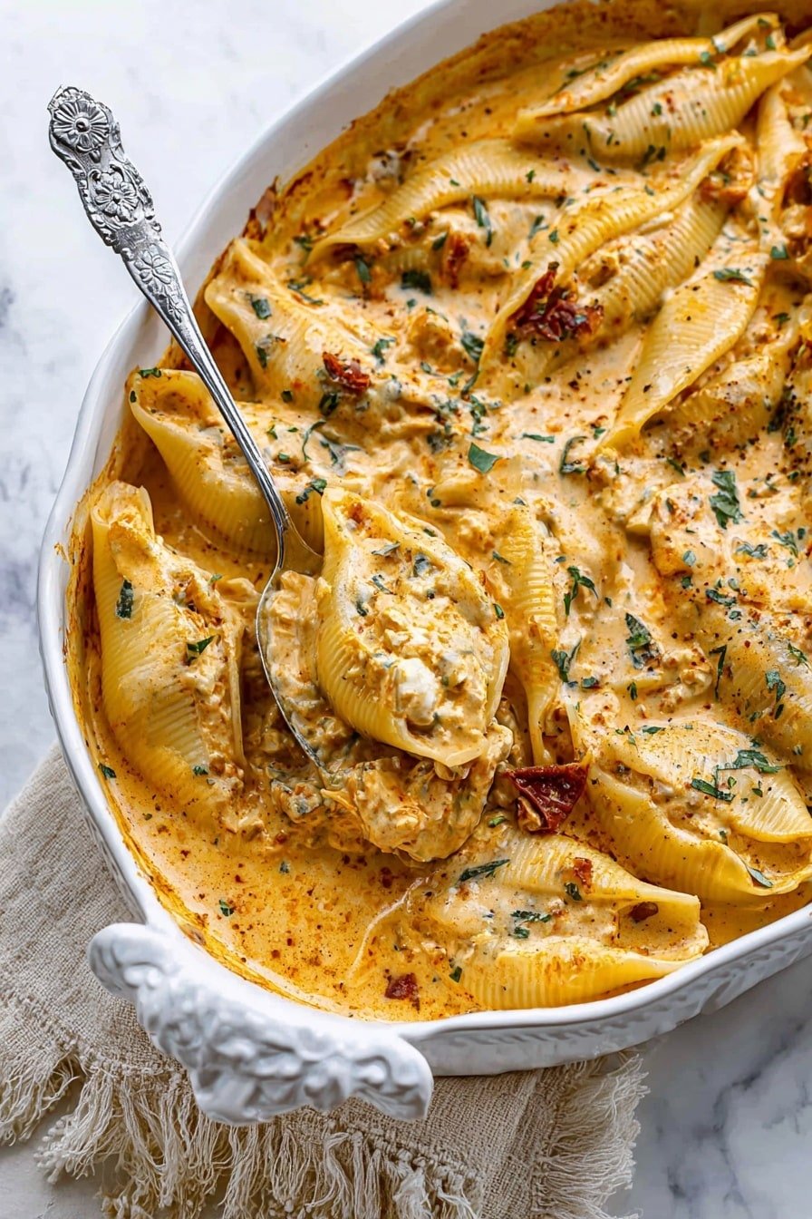 The image shows a large ornate white oval dish filled with stuffed pasta shells covered in a creamy orange sauce. There are about two visible layers: the bottom layer is made of the smooth pasta shells filled with white cheese, and the top creamy sauce layer is thick and mixed with green herbs and small pieces of sun-dried red tomatoes, giving it a speckled look. A silver spoon with a floral design is placed in the dish, lifting some pasta shells, revealing the creamy filling and sauce texture. The dish is set on a white marbled surface with a light beige fringed cloth peeking on the side. The sauce looks rich with visible black pepper and herby specks. photo taken with an iphone --ar 2:3 --v 7