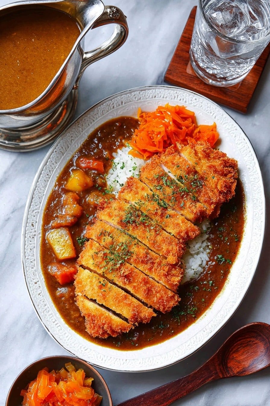An ornate white oval plate rests on a white marbled texture, filled with three main layers: a base layer of fluffy white rice, a middle layer of golden-brown crispy breaded cutlet sliced into even strips and topped with a sprinkle of green herbs, and a side layer of rich brown curry sauce with visible chunks of carrots and mushrooms partially covering the cutlet. A small pile of bright orange pickled vegetables sits next to the sauce on the plate. To the left, there is a silver gravy boat filled with extra brown curry sauce, and at the bottom left, a small dish holds more orange pickled vegetables. A wooden spoon lies on the white marbled texture near the bottom right, and a glass of water with ice cubes sits on a wooden coaster in the upper right corner. photo taken with an iphone --ar 2:3 --v 7