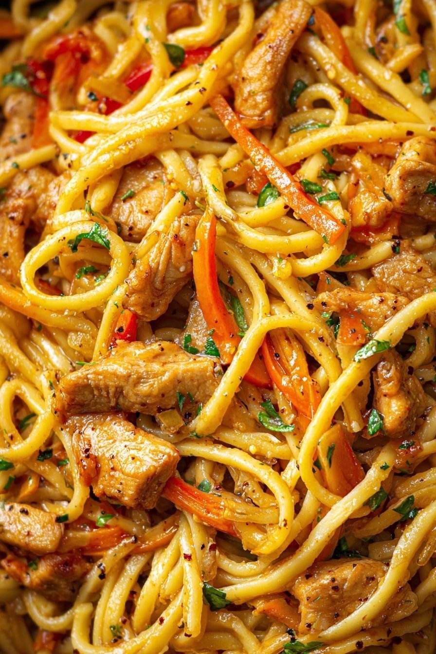 The image shows a close-up of stir-fried noodles with several layers. The bottom layer is thick, light yellow noodles tangled together with a shiny, oily texture. On top of the noodles are medium-sized pieces of golden-brown cooked chicken with a slightly crispy look. Mixed in are thin strips of orange and red bell peppers, adding bright pops of color. The dish is sprinkled with small green herb pieces, likely parsley or cilantro, and dotted with black pepper flakes. The overall look is glossy and vibrant, showing the mixture of colors and textures in each bite. photo taken with an iphone --ar 2:3 --v 7