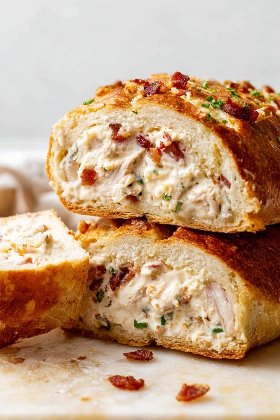 The image shows a loaf of stuffed bread cut in half and stacked on an ornate white surface with a white marbled texture underneath. The bread has a golden brown crust that looks crispy and slightly rough. Inside, there are two thick layers: the outer layer is the soft, light-colored bread, and the inner filling is creamy white with chunks of tender meat mixed with bits of dark red bacon and small green herbs scattered inside. The filling looks rich and moist, almost spilling out from the cut edges. A small piece of the bread loaf is placed on the left side. The photo taken with an iphone --ar 2:3 --v 7