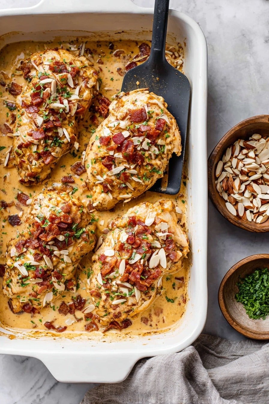 The image shows a white baking dish with four cooked chicken pieces on the bottom, covered in a creamy, light orange sauce. The chicken is topped with small pieces of crispy bacon, slivered almonds, and finely chopped green herbs, giving it a mix of reddish-brown, cream, and green colors. A wooden spatula lifts one chicken piece, showing the texture beneath. To the right, there are two small bowls on a white marbled surface—one with more slivered almonds and the other with chopped green herbs. A gray cloth is partially visible near the dish. photo taken with an iphone --ar 2:3 --v 7