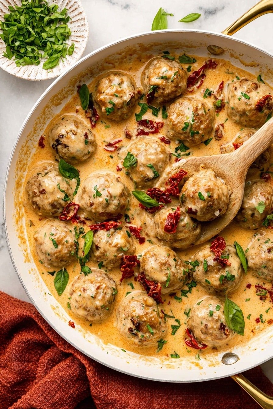 A close-up view of a skillet filled with about fifteen round, lightly browned meatballs, all covered in a creamy, light orange sauce with visible small pieces of red sun-dried tomatoes and green fresh basil leaves scattered both in the sauce and on top of the meatballs, adding a fresh green contrast; a wooden spoon rests in the skillet lifting a few meatballs, and there is a small ornate white bowl with chopped basil leaves in the background on a white marbled texture surface, alongside a corner of a rust-colored cloth; the skillet has a white interior with brass handles photo taken with an iphone --ar 2:3 --v 7