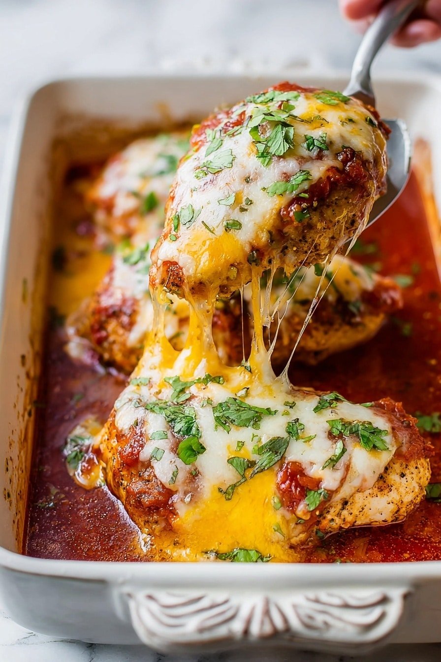 The dish shows two cooked seasoned chicken pieces in an ornate white baking dish filled with red tomato sauce at the bottom. Each chicken piece is covered with a thick layer of melted yellow and white cheese that is stringy and dripping. Bright green chopped herbs are sprinkled over the cheese, adding a fresh color contrast. A woman's hand is using a spatula to lift one cheesy chicken piece, revealing the sauce beneath and highlighting the gooey cheese stretch. The baking dish sits on a surface with a white marbled texture. Photo taken with an iphone --ar 2:3 --v 7