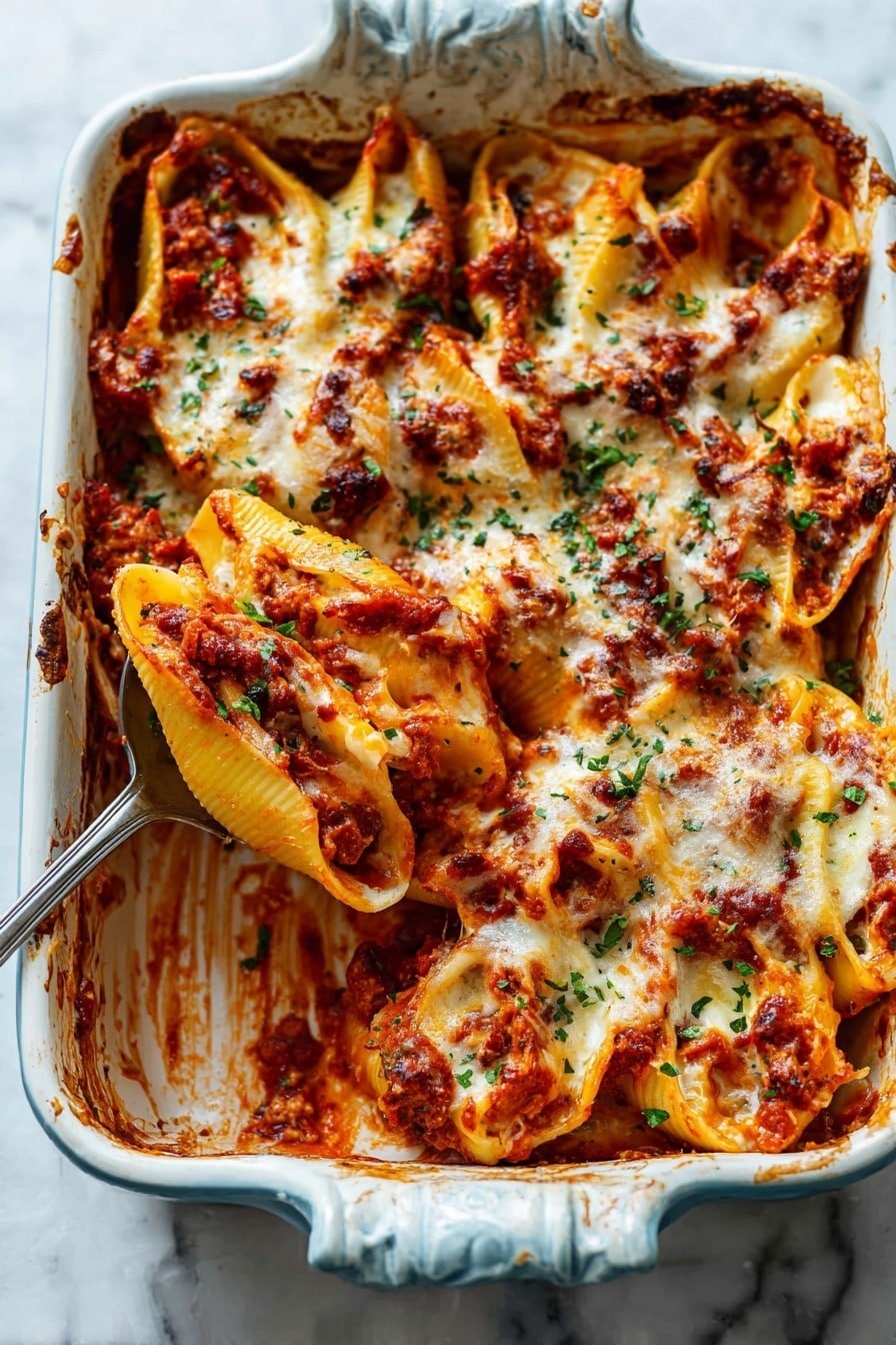 The image shows a baked pasta dish in a large ornate white rectangular dish with light blue handles. The dish contains large pasta shells stuffed with a creamy white cheese filling, layered with thick red tomato sauce that has dark brown cooked bits and melted golden cheese on top. Small green herbs are sprinkled across the top, adding color contrast. The edges of the dish have browned, slightly crisp sauce marks, and a metal serving spoon is lifting several shells from the bottom left side, revealing layers of pasta, sauce, and melted cheese beneath. The dish sits on a white marbled texture surface under natural light. Photo taken with an iphone --ar 2:3 --v 7