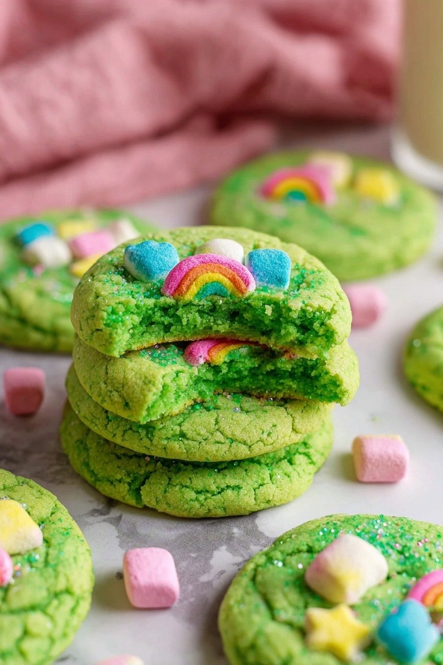 The image shows several bright green cookies arranged on a white marbled surface, with three of the cookies stacked in the center, revealing their soft, crumbly inside texture. The cookies have a slightly cracked surface with clear sugar crystals sprinkled on top, giving a sparkling effect. Some cookies are decorated with colorful, small marshmallows shaped like rainbows and stars in pink, blue, yellow, and red colors. The overall scene looks vibrant and playful with a soft pink cloth blurred in the background. photo taken with an iphone --ar 2:3 --v 7