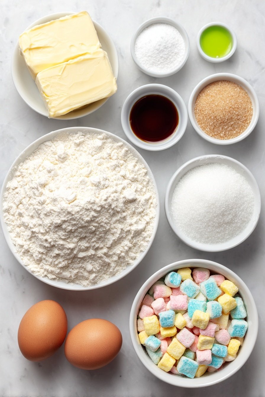Flat lay of a small mound of all-purpose flour, a small white bowl with baking powder, a small white bowl with baking soda, a small white bowl with kosher salt, a square of unsalted butter, a small white bowl filled with granulated sugar, a small white bowl filled with light brown sugar, one large whole egg with a clean shell, a small white bowl with vanilla extract, a small white bowl with coarse turbinado sugar, a few vibrant green drops of gel-based food coloring, and a handful of colorful Lucky Charms marshmallows all arranged in perfect symmetry on a clean white marble surface, soft natural light, photo taken with an iPhone, professional food photography style, fresh ingredients, white ceramic bowls, no bottles, no duplicates, no utensils, no packaging --ar 2:3 --v 7 --p m7354615311229779997