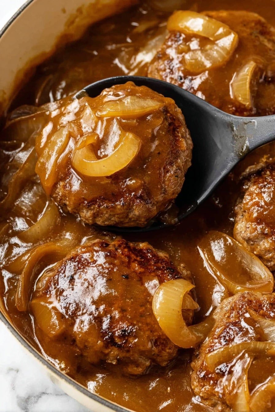 The image shows several browned patties covered in a shiny, thick brown sauce filled with translucent cooked onion slices. The patties have a slightly rough texture, and the sauce looks rich and glossy with a smooth consistency. The onions on top and around the patties are soft and pale yellow-brown, blending well with the sauce, which surrounds the patties closely. The dish is in a light-colored pot, and a black spoon holds one patty in the center of the image. The background is a white marbled texture. photo taken with an iphone --ar 2:3 --v 7