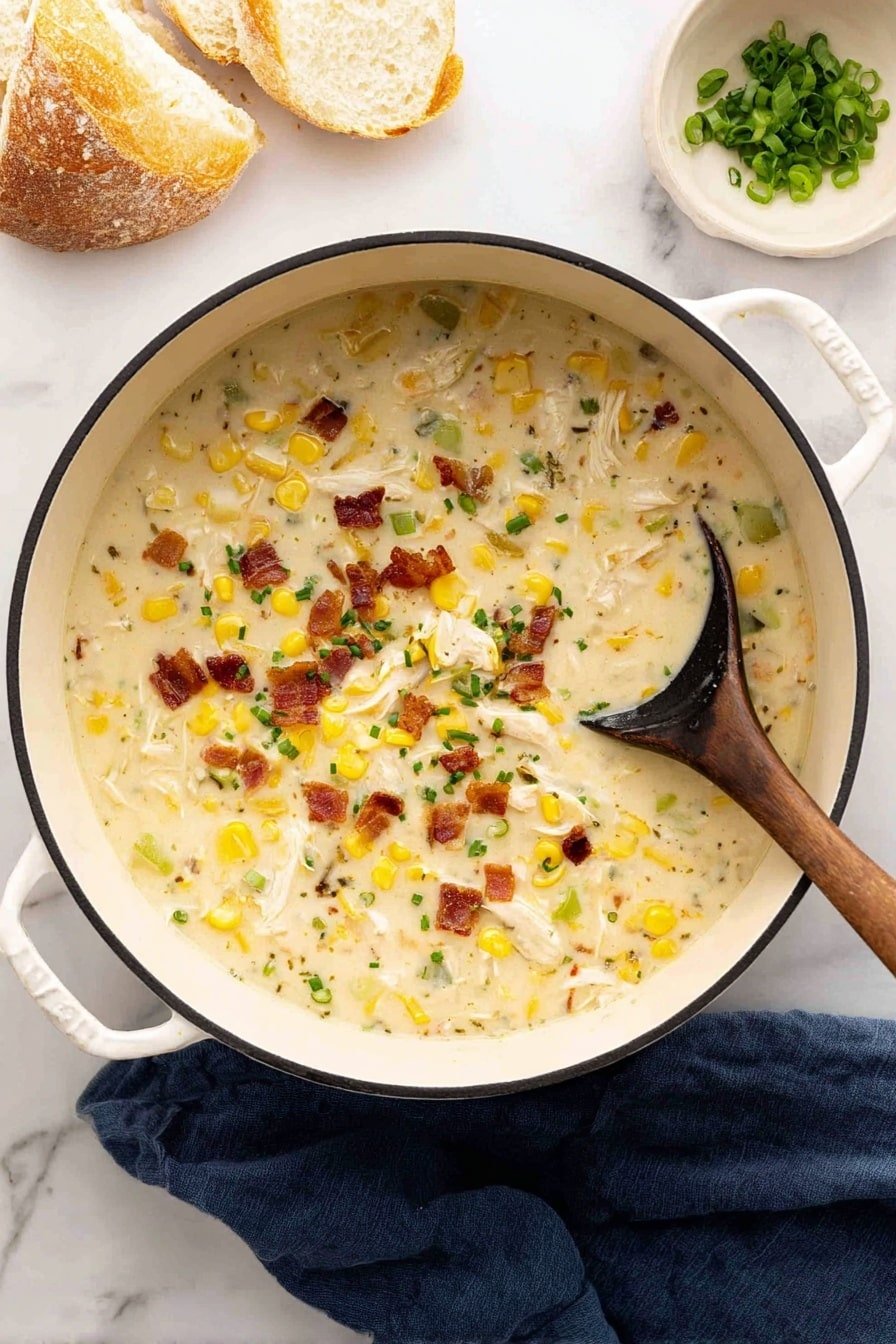 A white pot filled with creamy soup showing layers of yellow corn kernels, white shredded pieces of chicken, and small bits of browned bacon scattered on top along with chopped green onions. The soup base is thick and pale cream colored with visible herbs mixed in. A wooden spoon with a black handle rests inside the pot, partly covered in the soup. Nearby on a white marbled surface, there are slices of light crusty bread and a small white bowl with more chopped green onions. A dark blue cloth is beneath the pot. Photo taken with an iphone --ar 2:3 --v 7